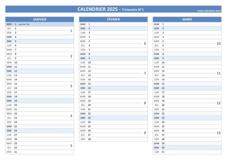 Calendrier 2025 Trimestriel Imprimer