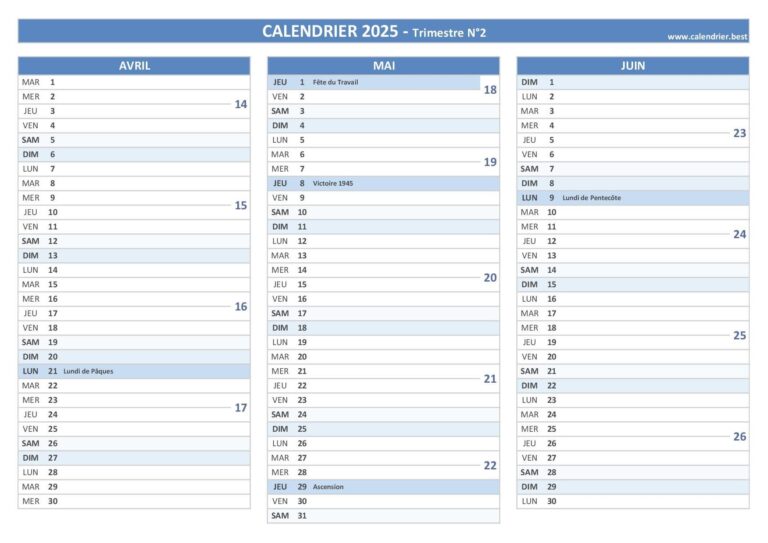 Calendrier 2025 Trimestriel Imprimer