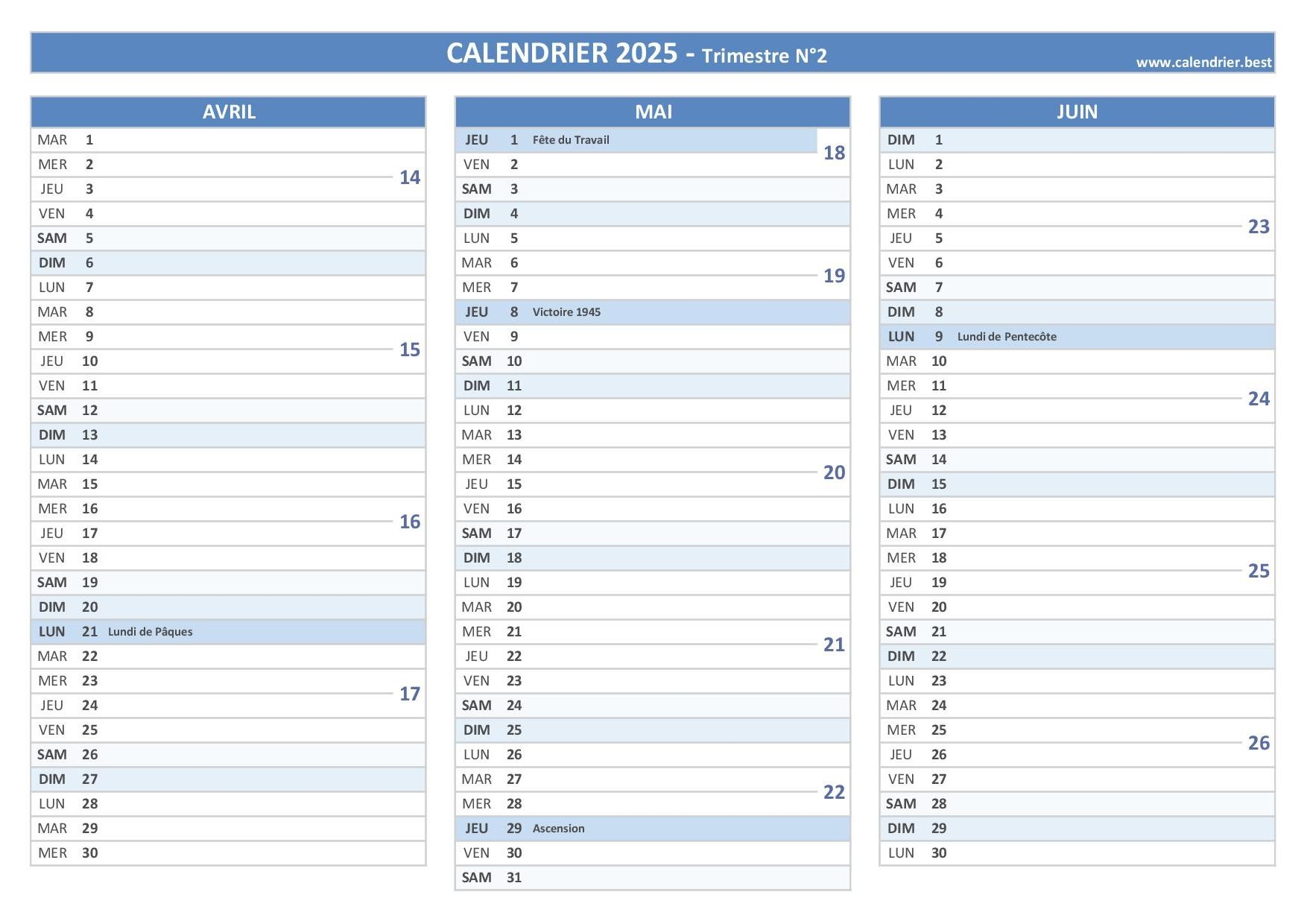 Calendrier 2025 Trimestriel Imprimer