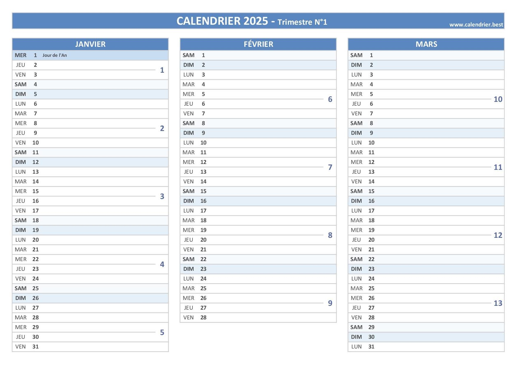 Calendrier 2025 Trimestriel Imprimer
