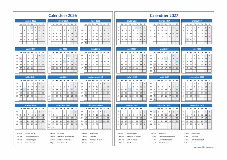 Calendrier 2026 2027 Imprimer