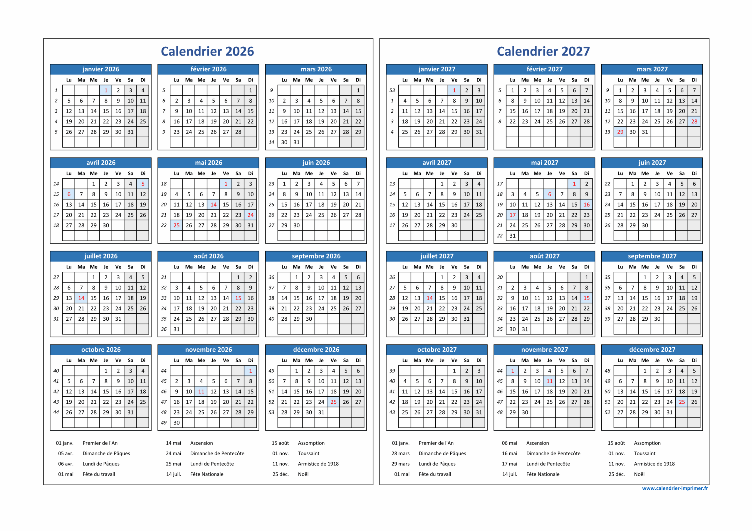 Calendrier 2026 2027 Imprimer