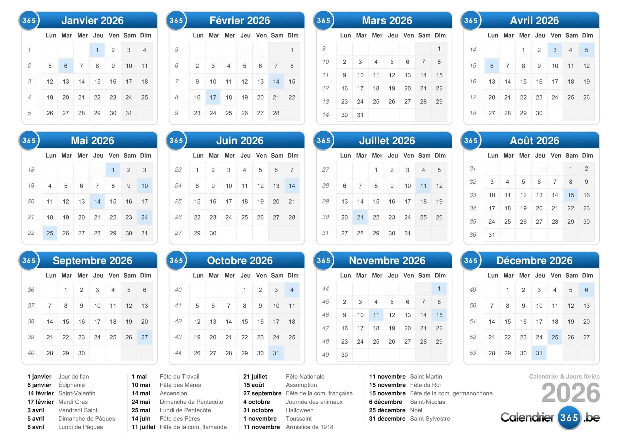 calendrier 2026 à imprimer gratuit