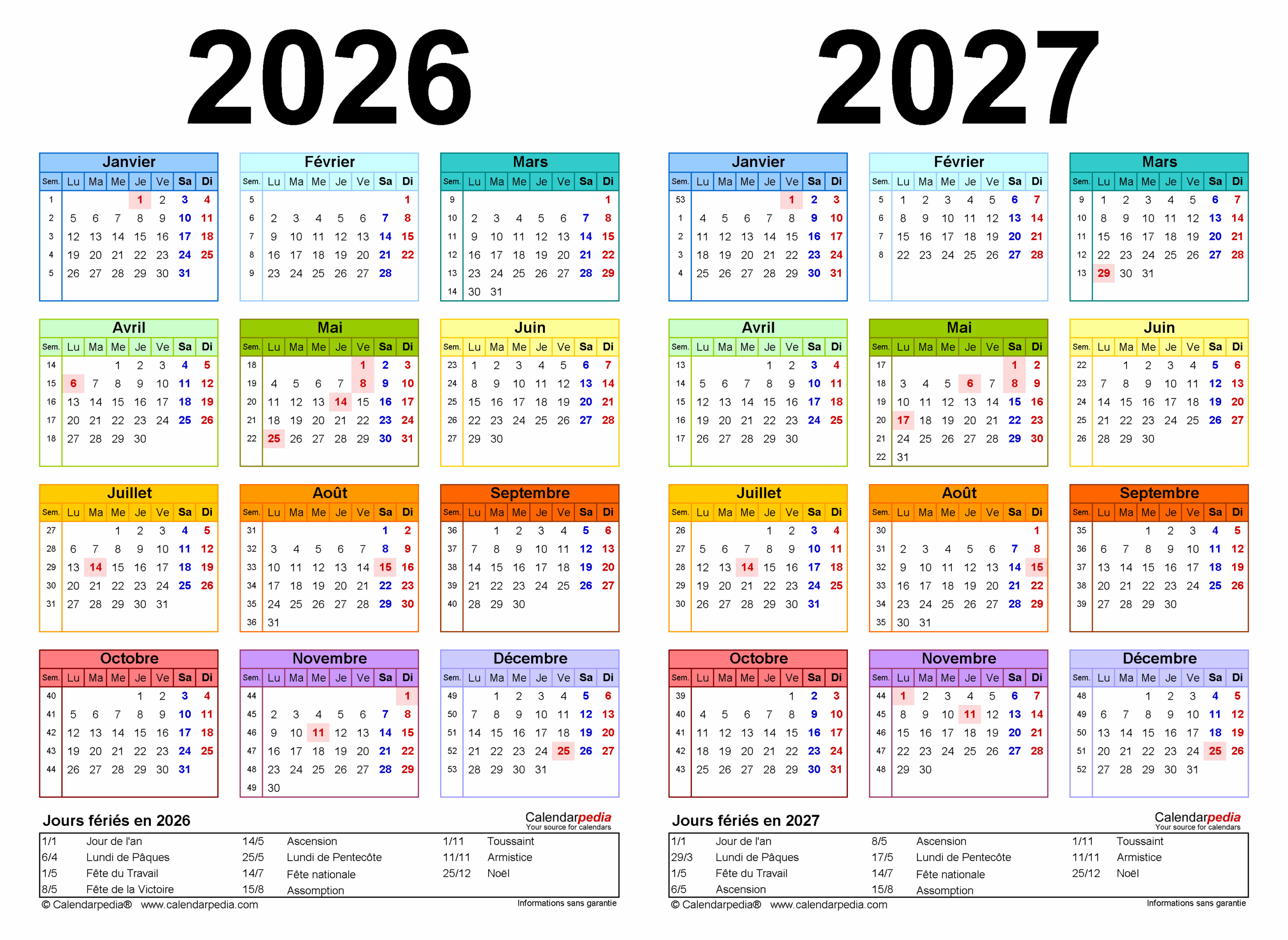 Calendrier 2026 Et 2027 PDF Excel Et Word Calendarpedia