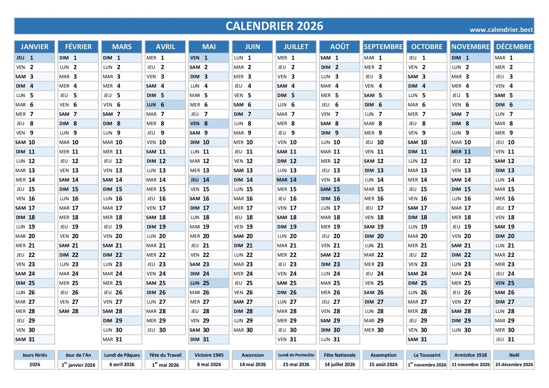 calendrier 2026 à imprimer gratuitement