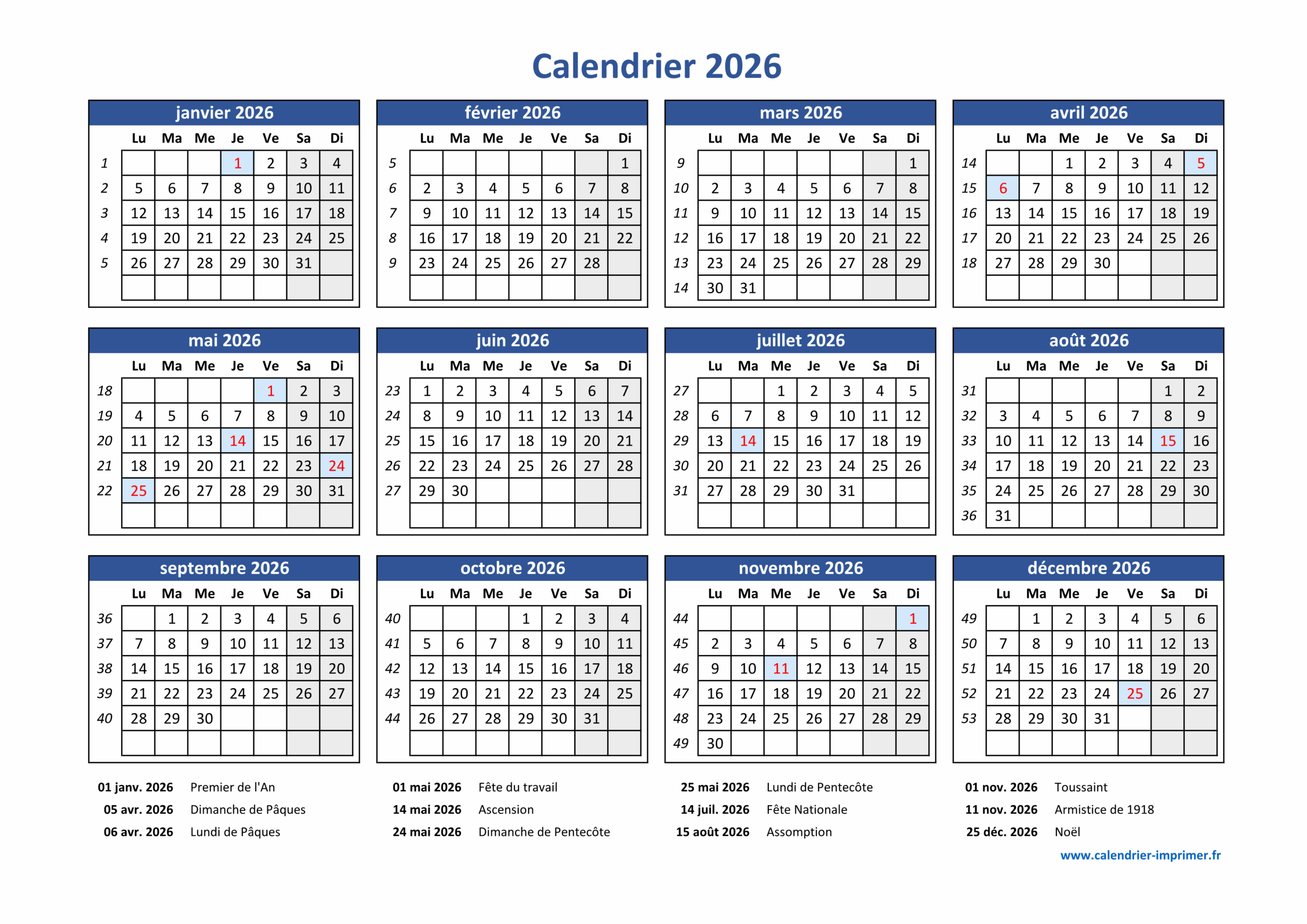 Calendrier 2026 Imprimer Gratuit