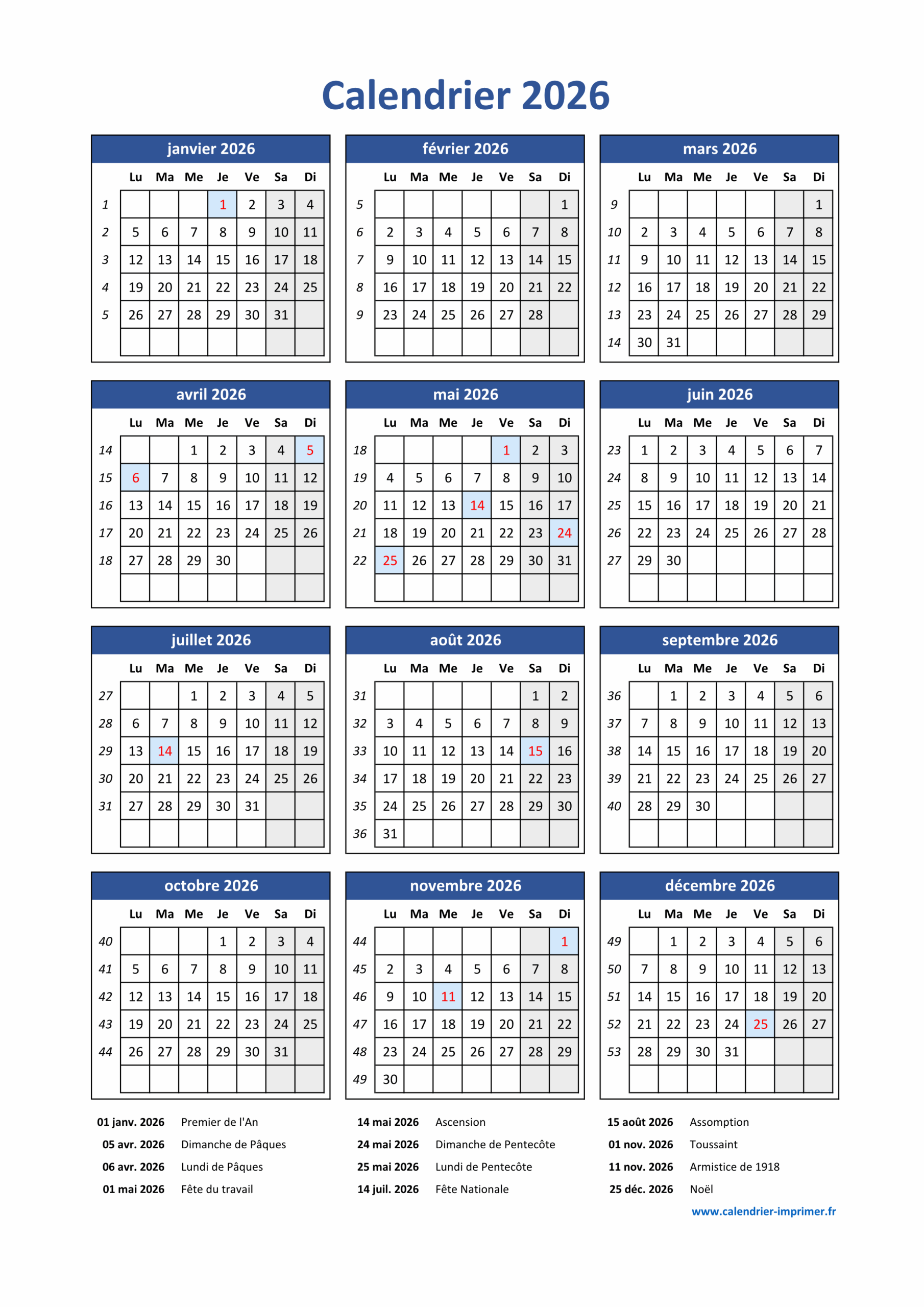 calendrier 2026 à imprimer