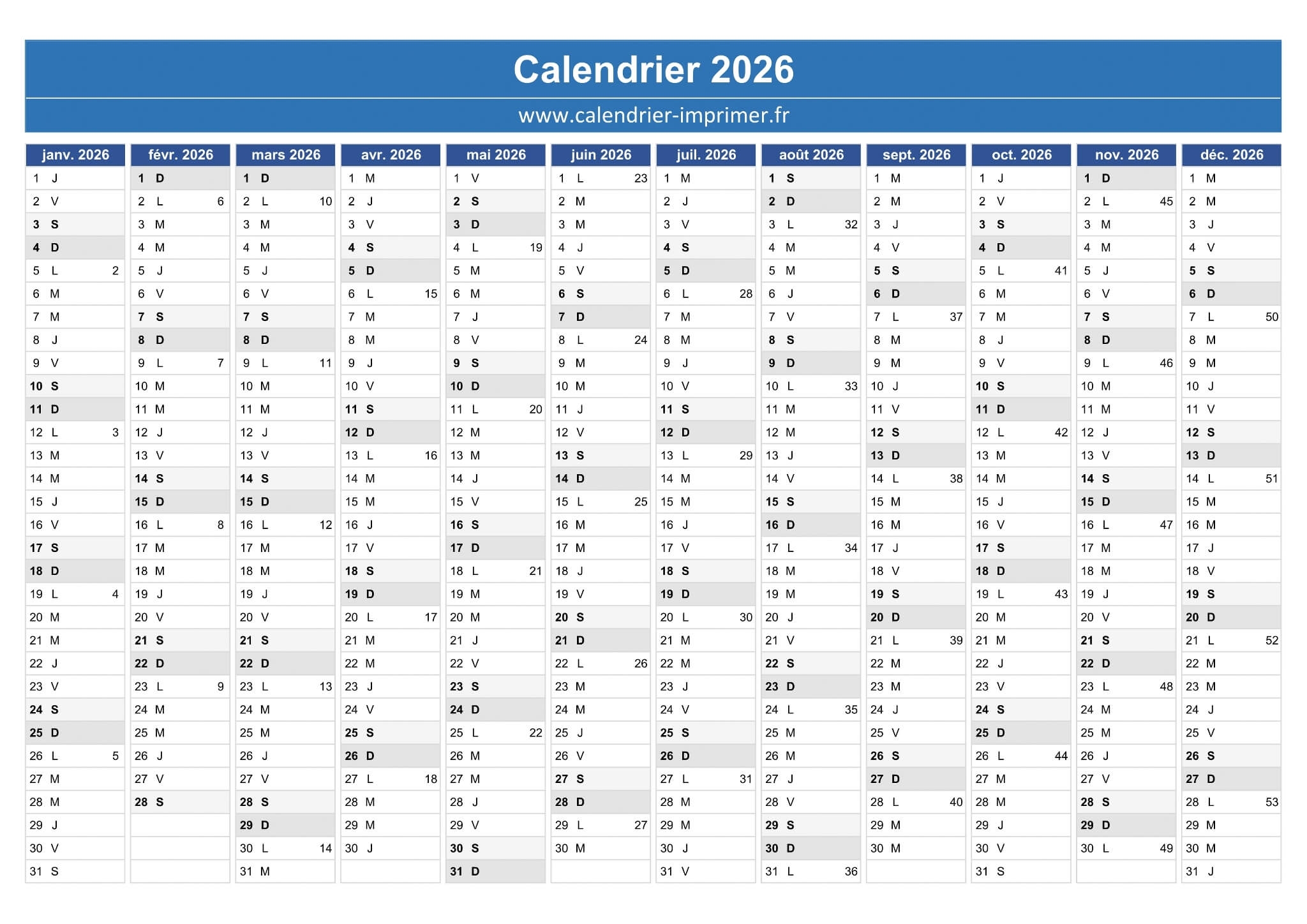 Calendrier 2026 Imprimer Gratuit