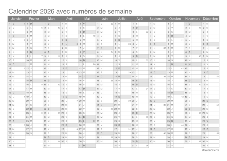 Calendrier 2026 Imprimer PDF Et Excel
