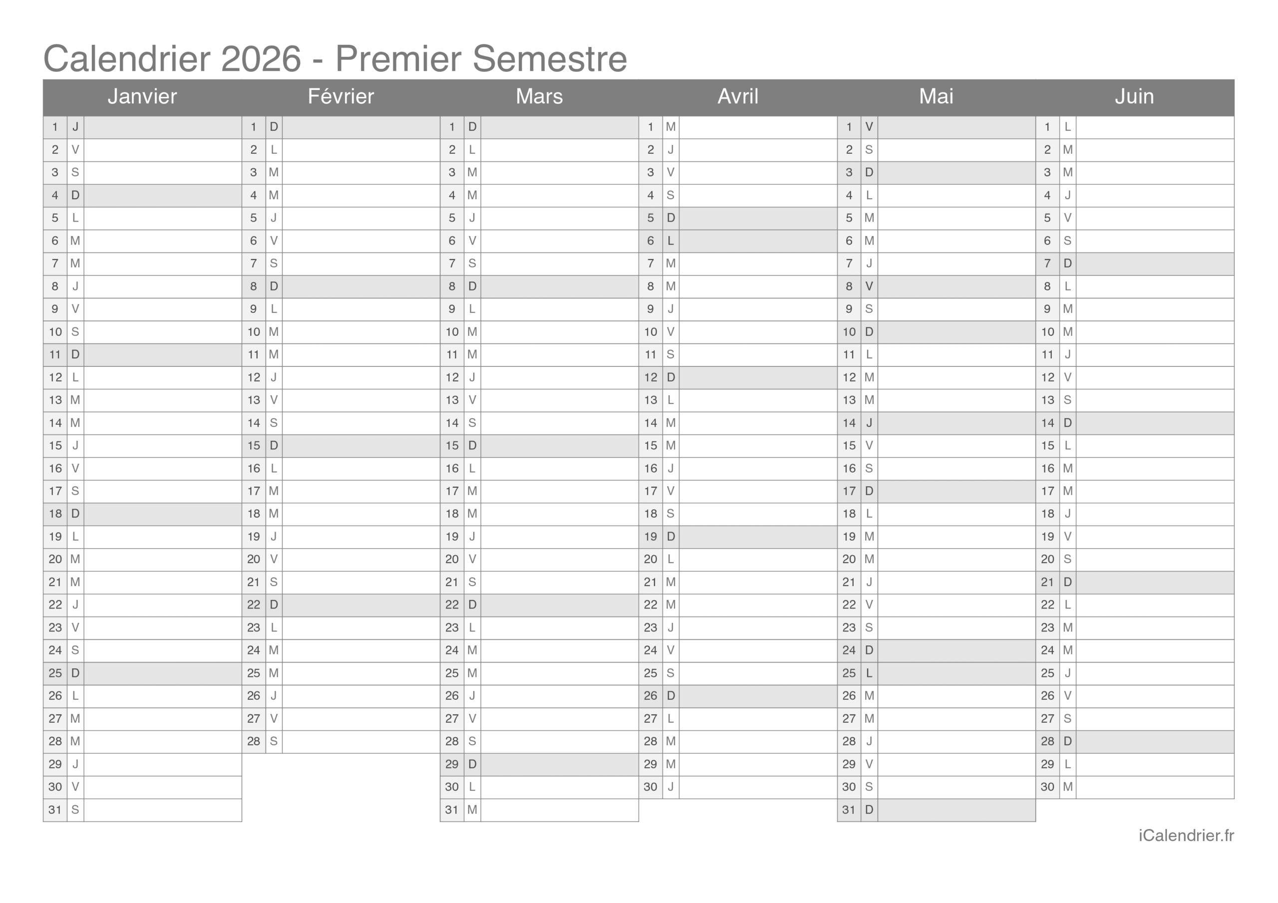 Calendrier 2026 Imprimer PDF Et Excel