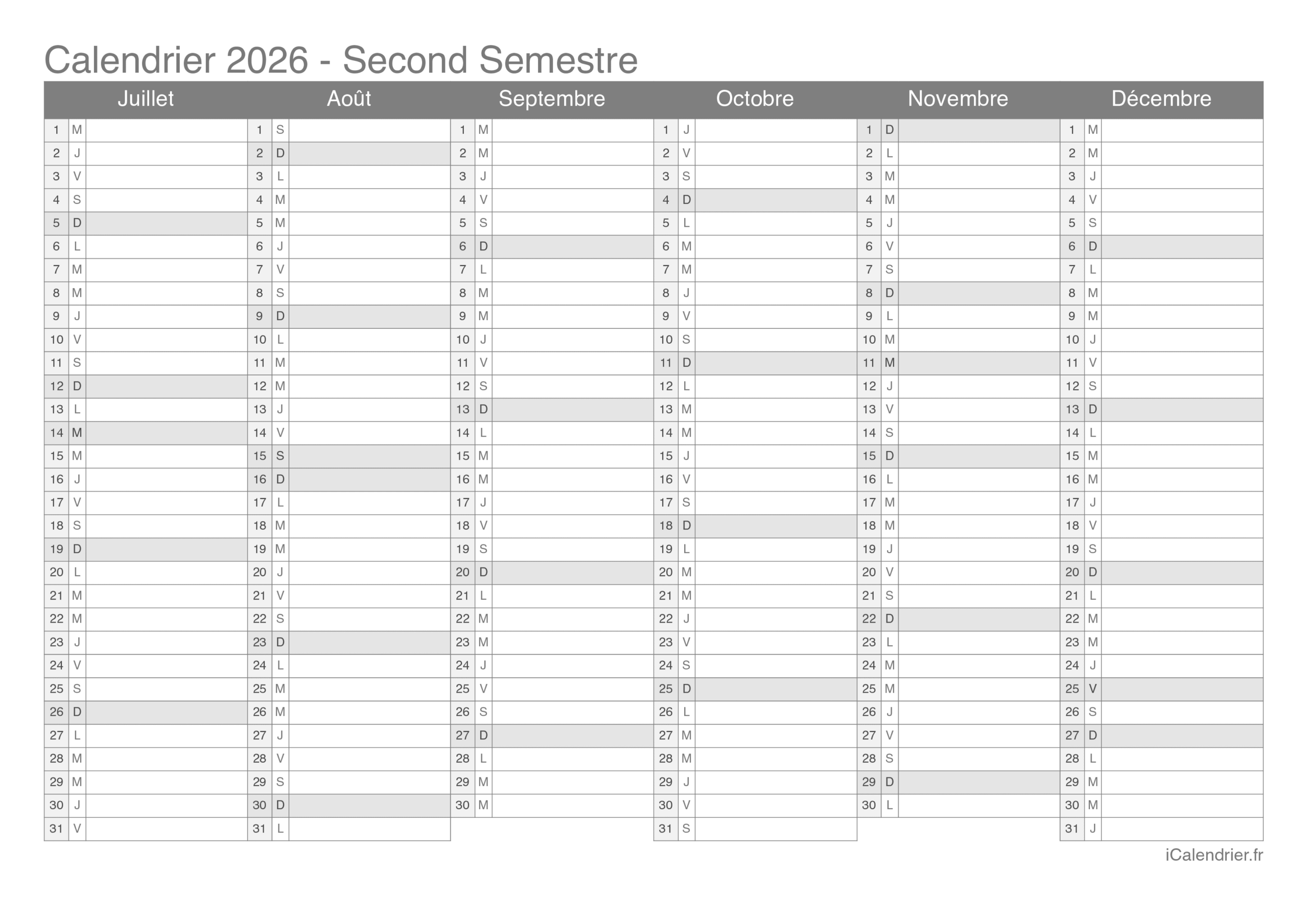 Calendrier 2026 Imprimer PDF Et Excel