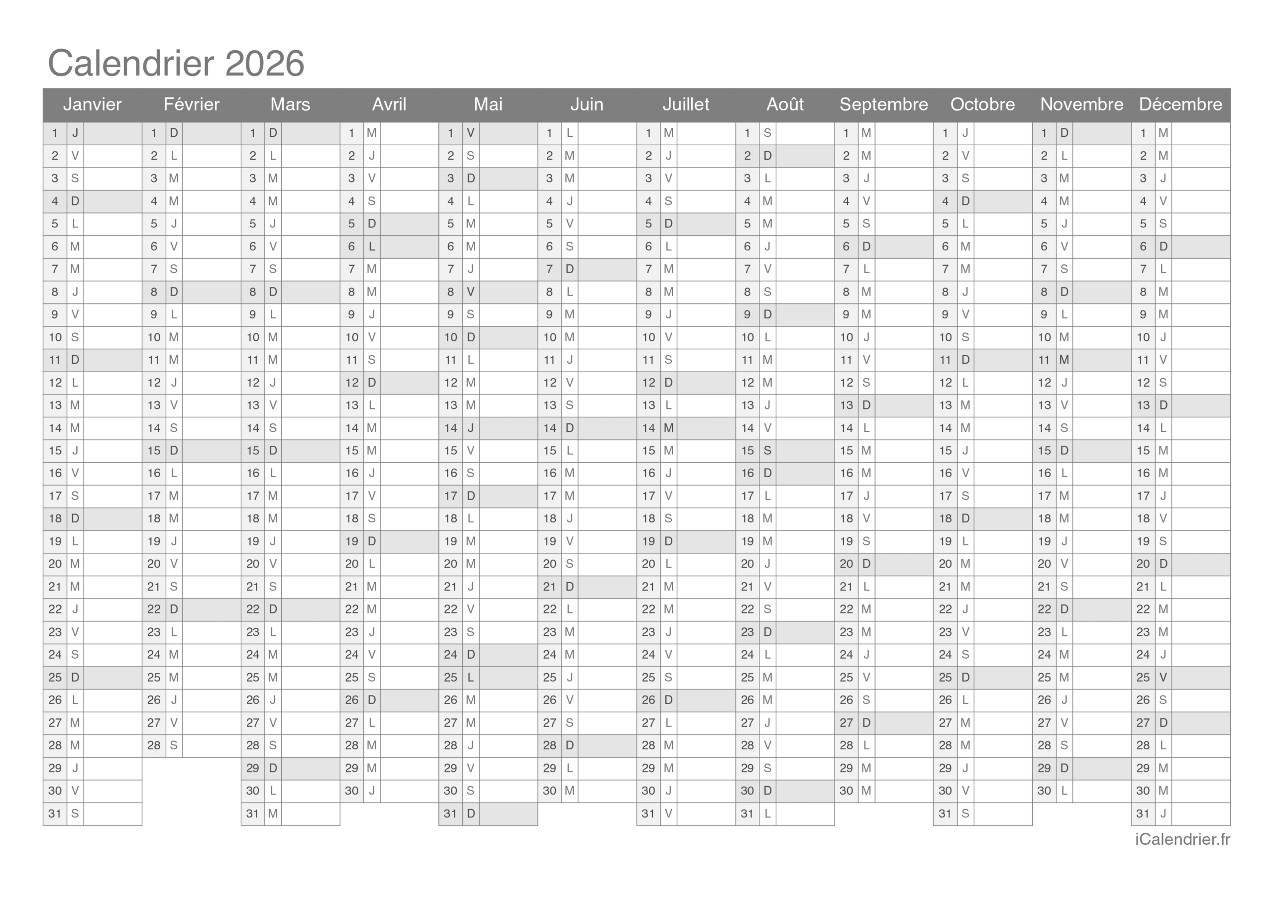 Calendrier 2026 Imprimer PDF Et Excel