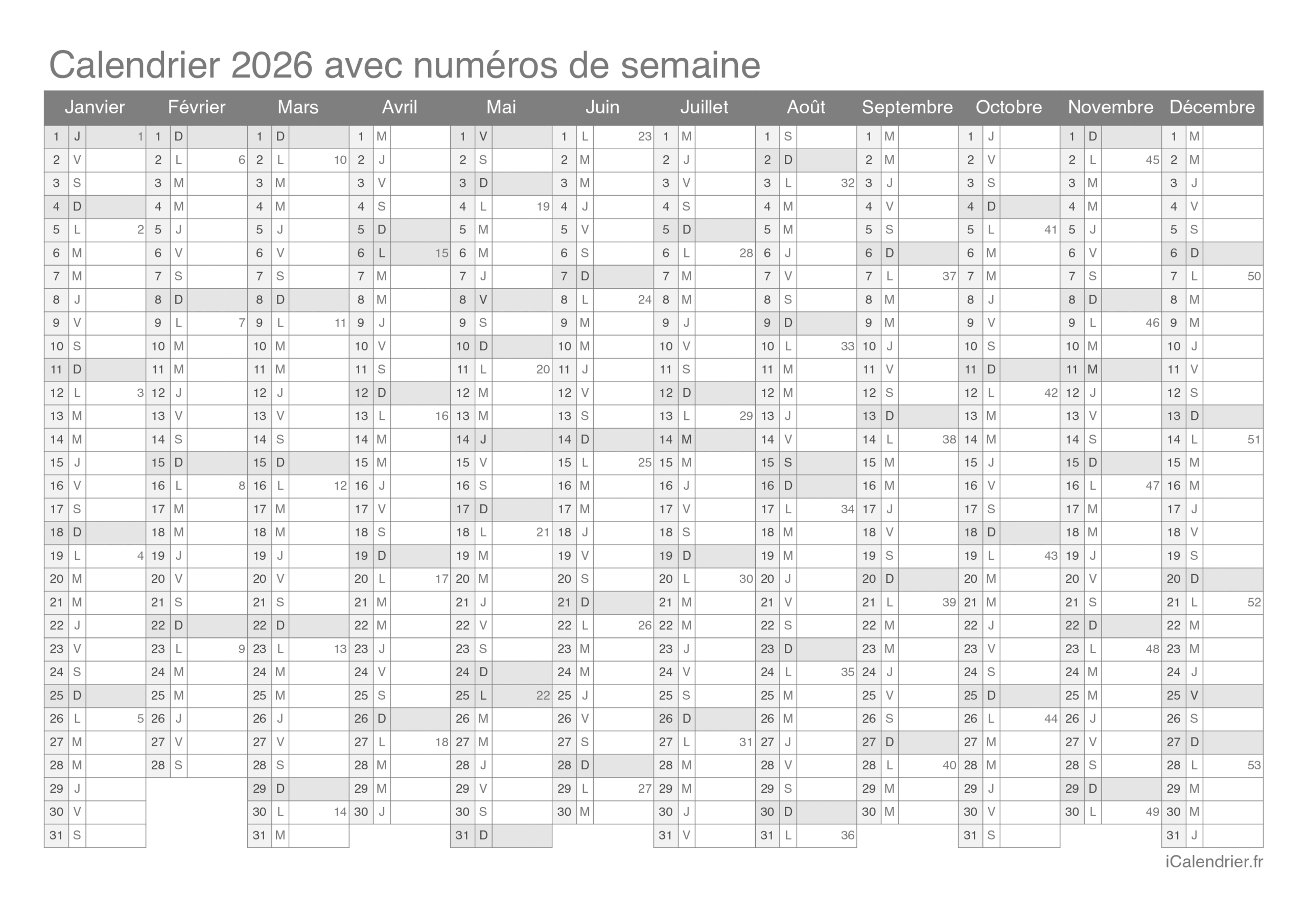 Calendrier 2026 Imprimer PDF Et Excel