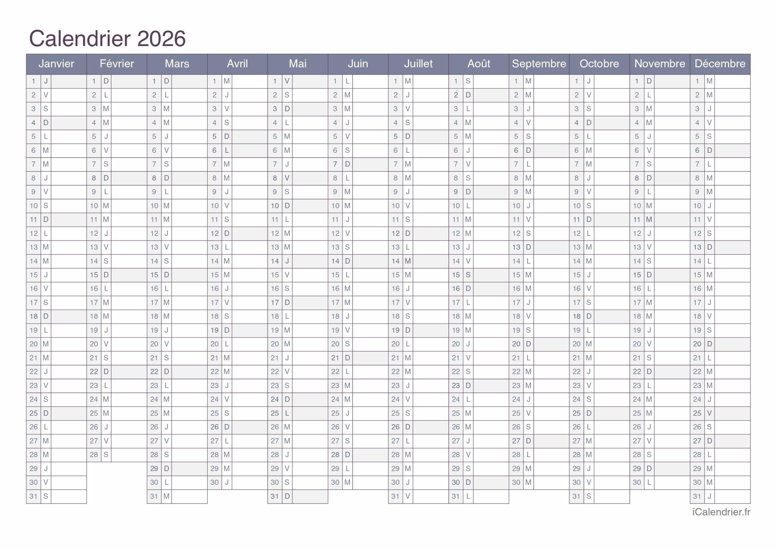 calendrier 2026 à imprimer gratuit format a4