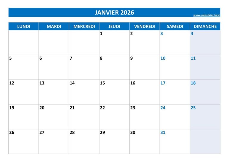 Calendrier 2026 Mensuel Imprimer