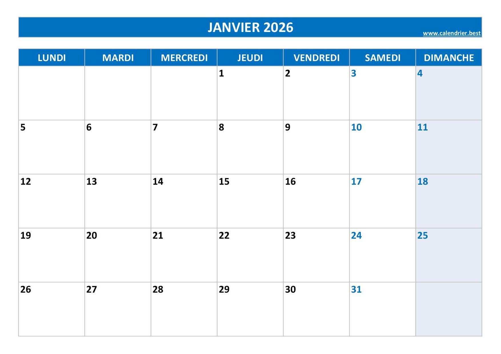 Calendrier 2026 Mensuel Imprimer