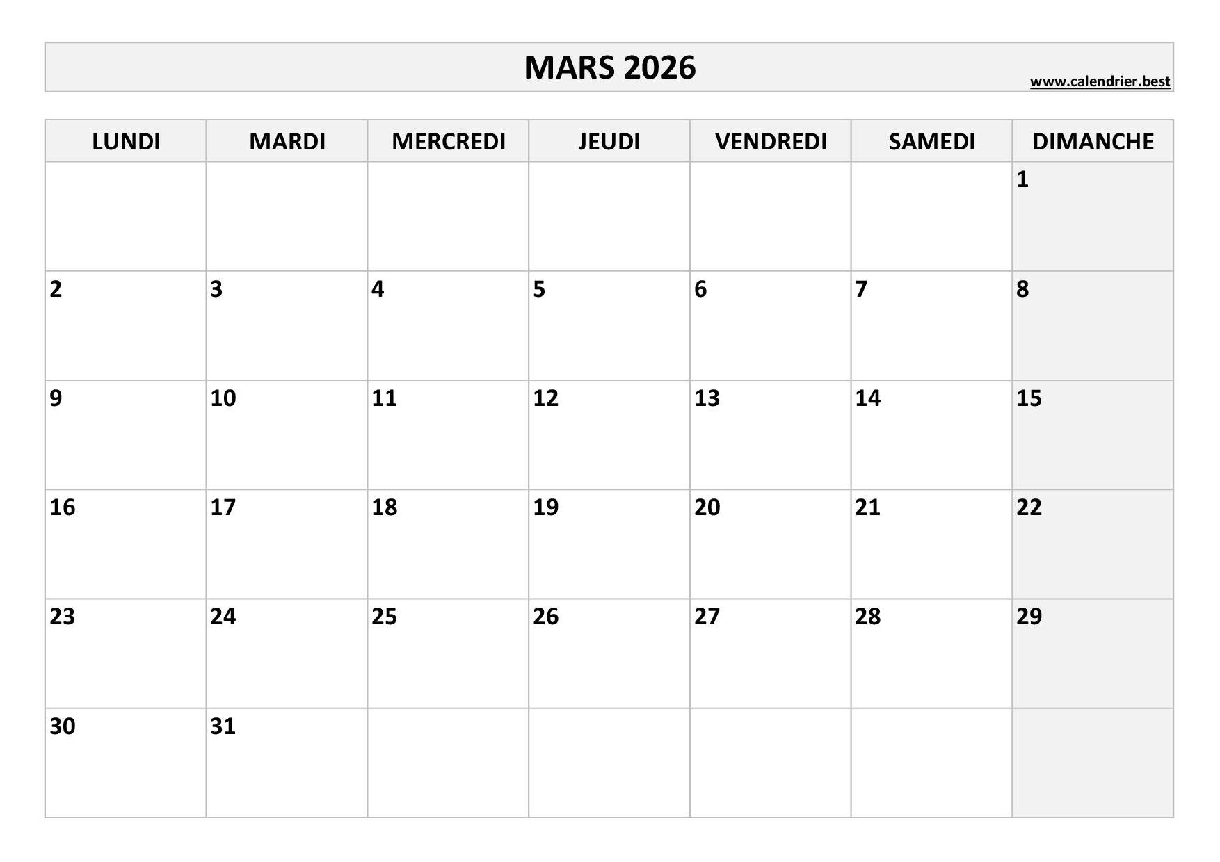 Calendrier 2026 Mensuel Imprimer
