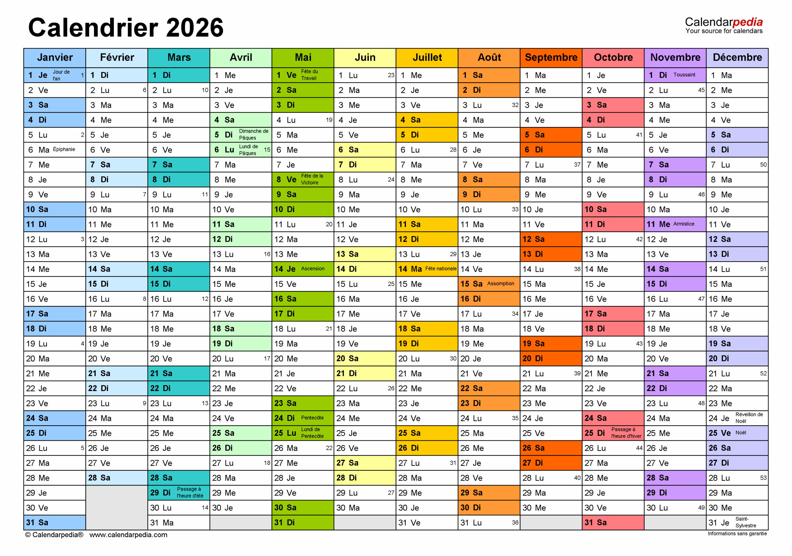 Calendrier 2026 PDF Excel Et Word Calendarpedia