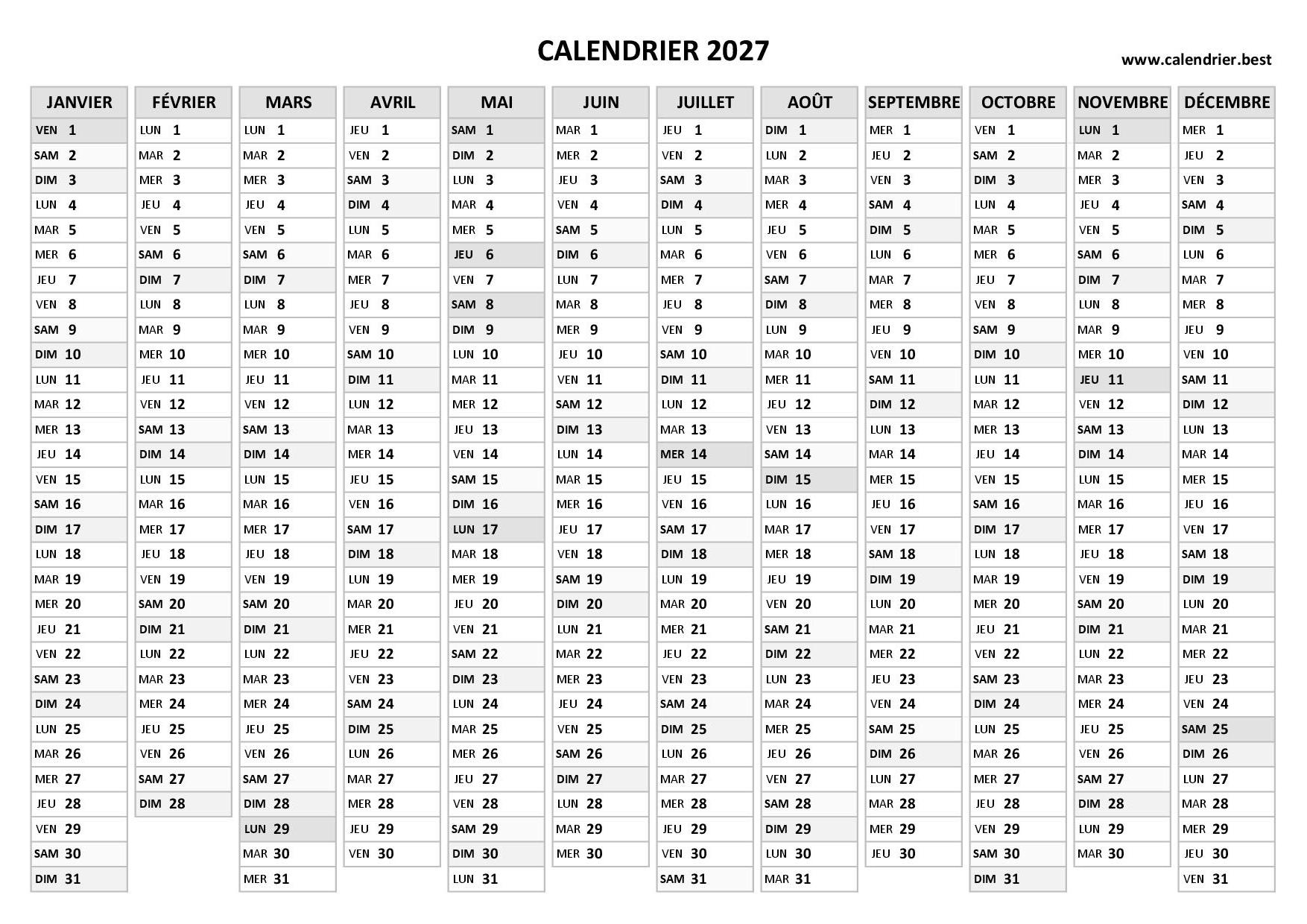 calendrier 2027 à imprimer