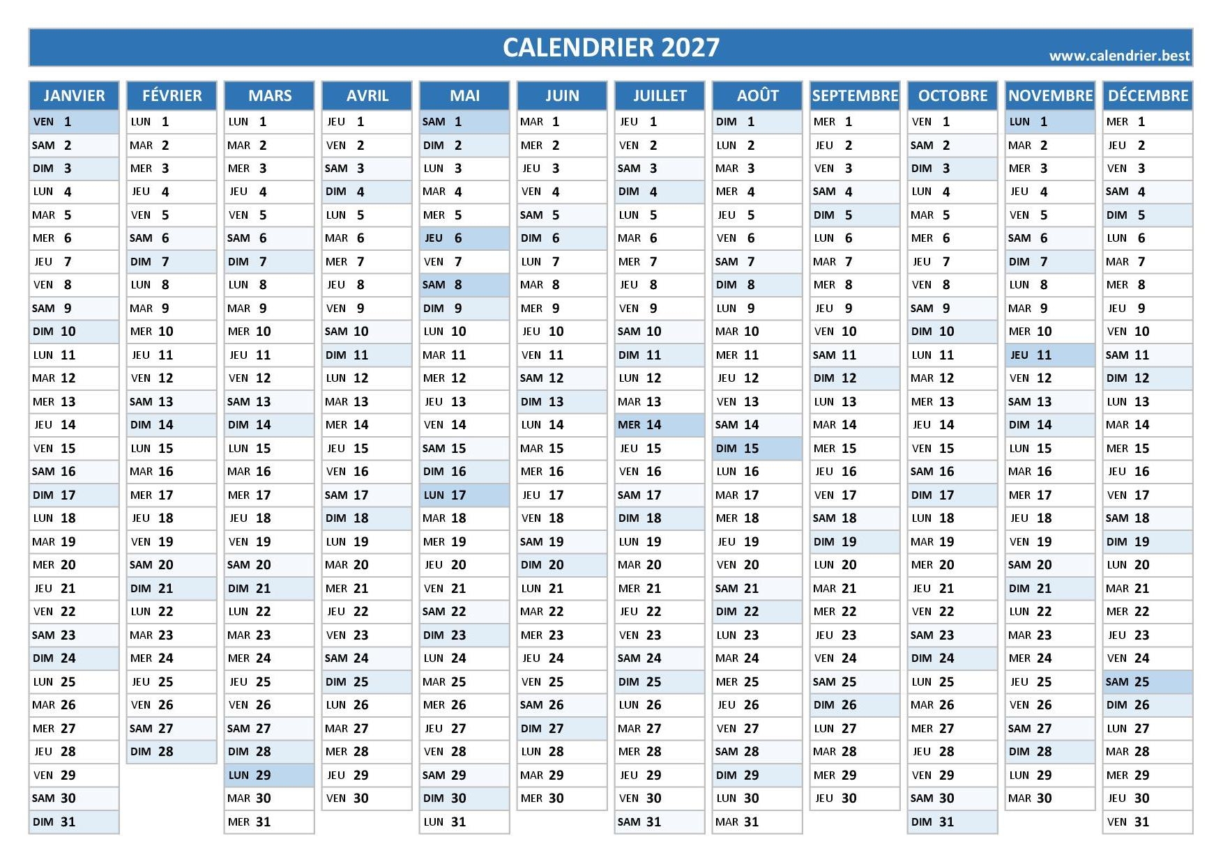Calendrier 2027 Imprimer