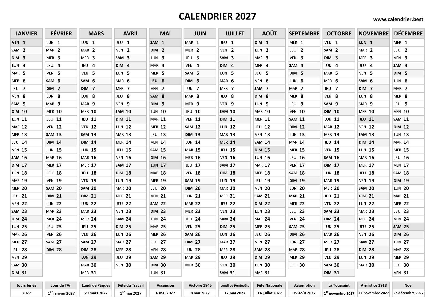 calendrier 2027 gratuit à imprimer