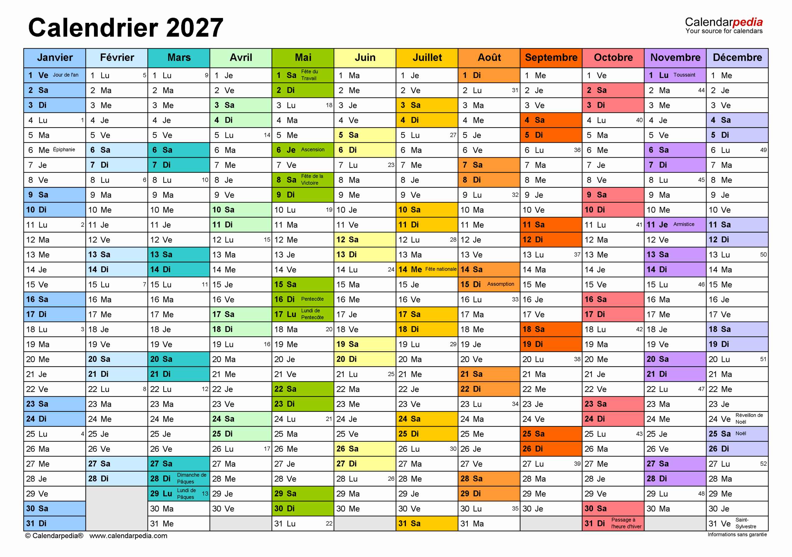 Calendrier 2027 PDF Excel Et Word Calendarpedia