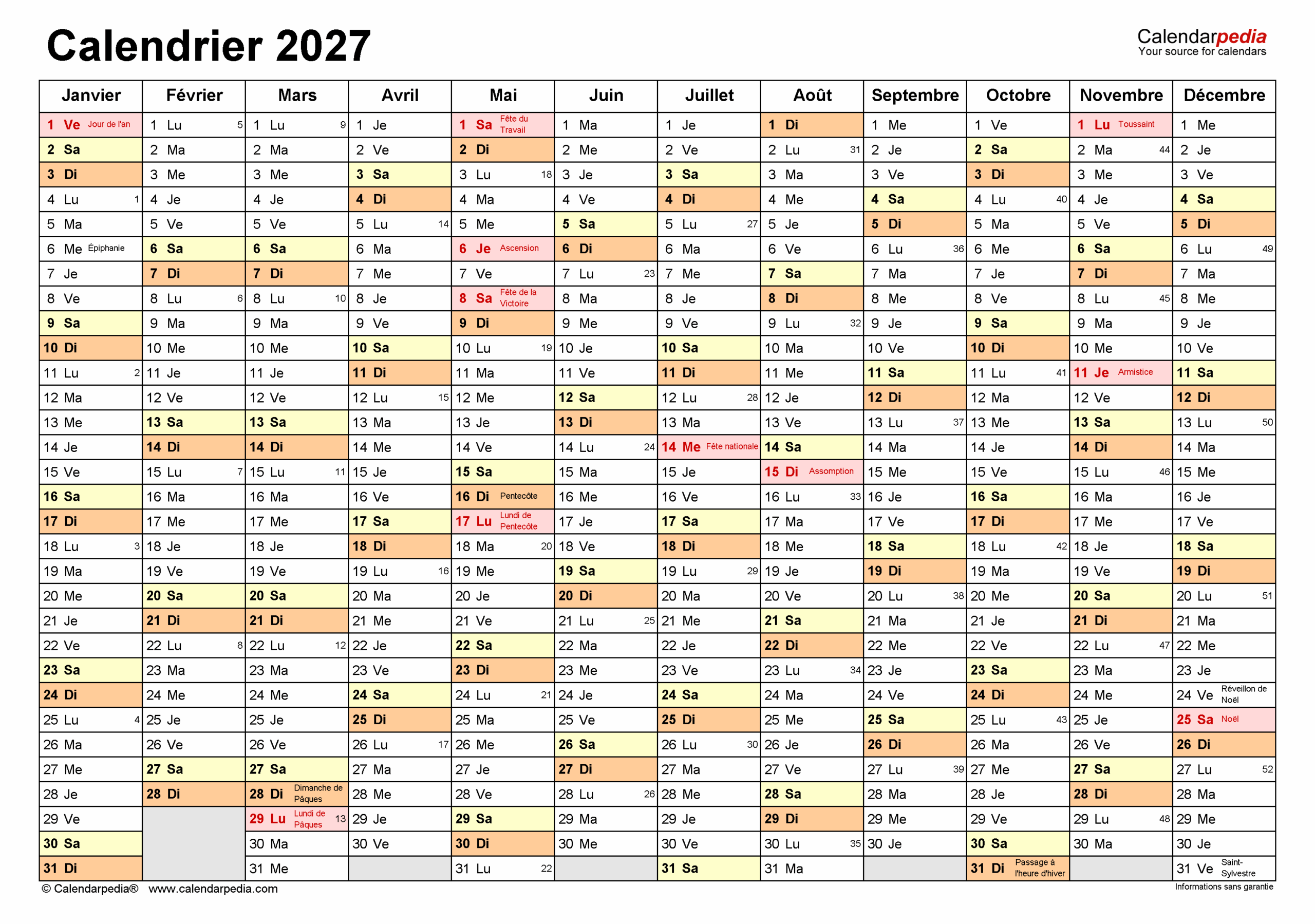 Calendrier 2027 PDF Excel Et Word Calendarpedia