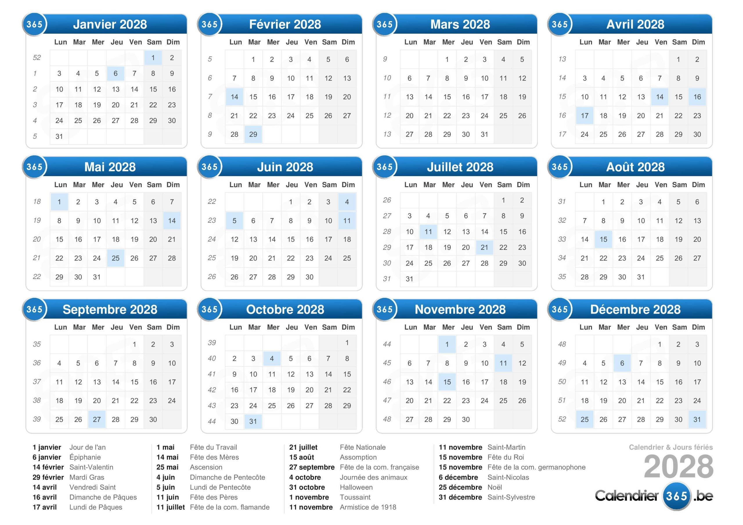 Calendrier 2028