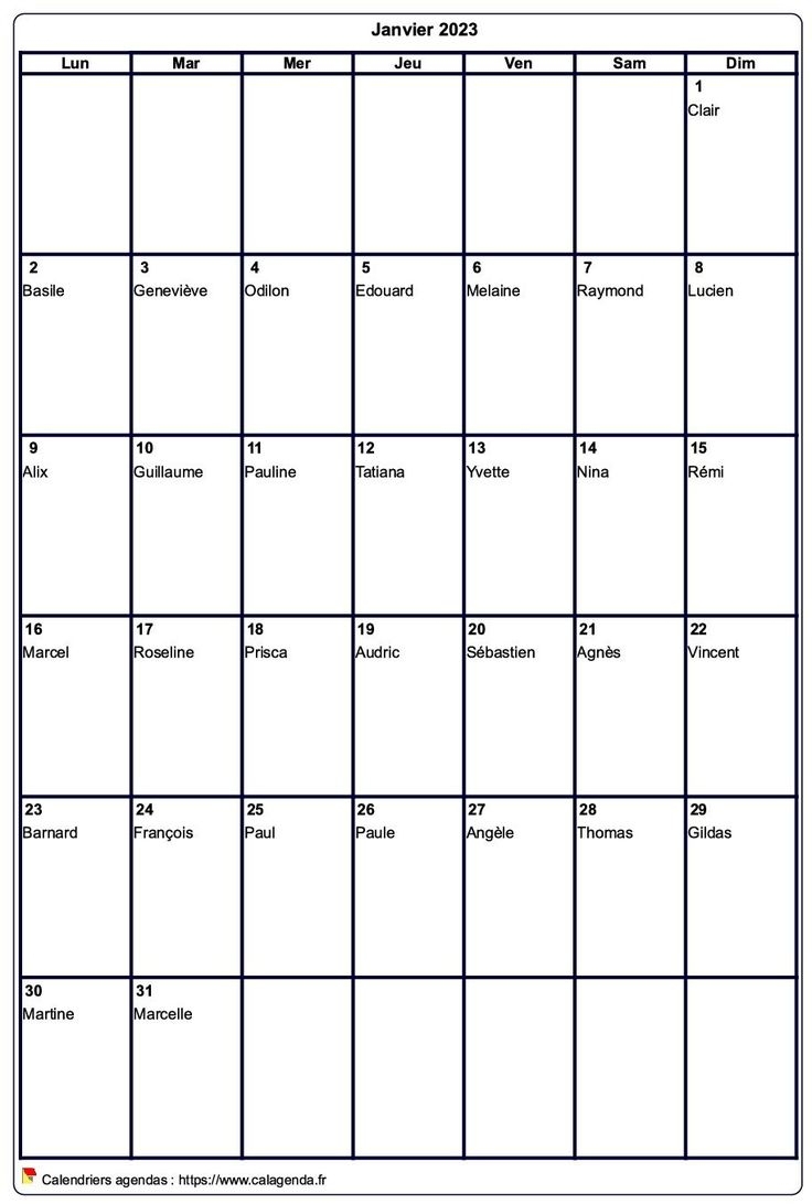 calendrier mois à imprimer