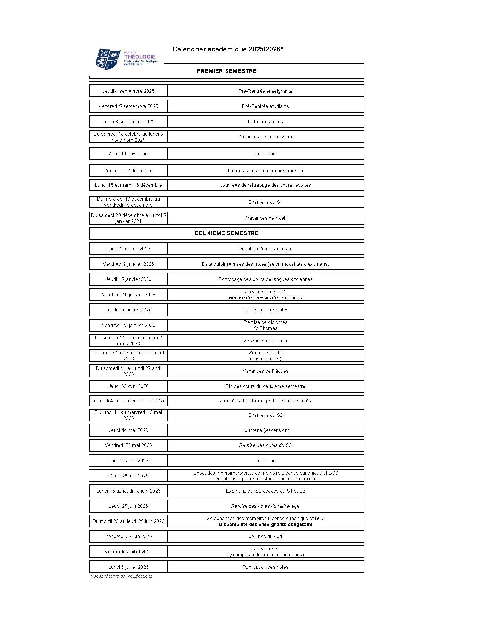 Calendrier Acad mique 2025 2026 Facult De Th ologie De Lille