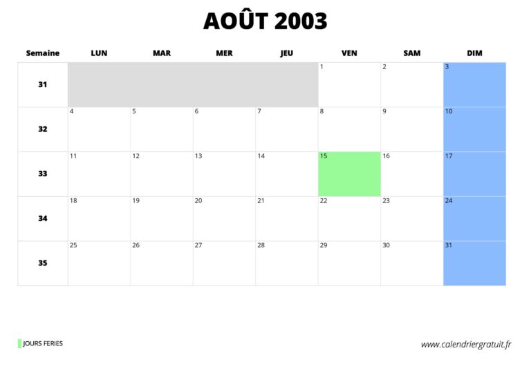 Calendrier Ao t 2003 Calendriergratuit fr