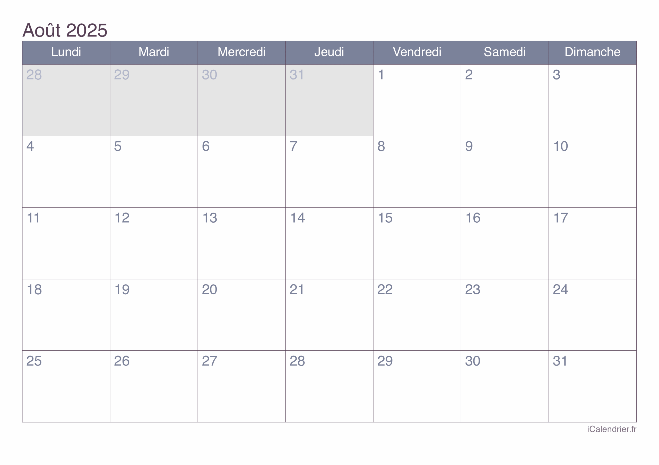 Calendrier Ao t 2025 Imprimer