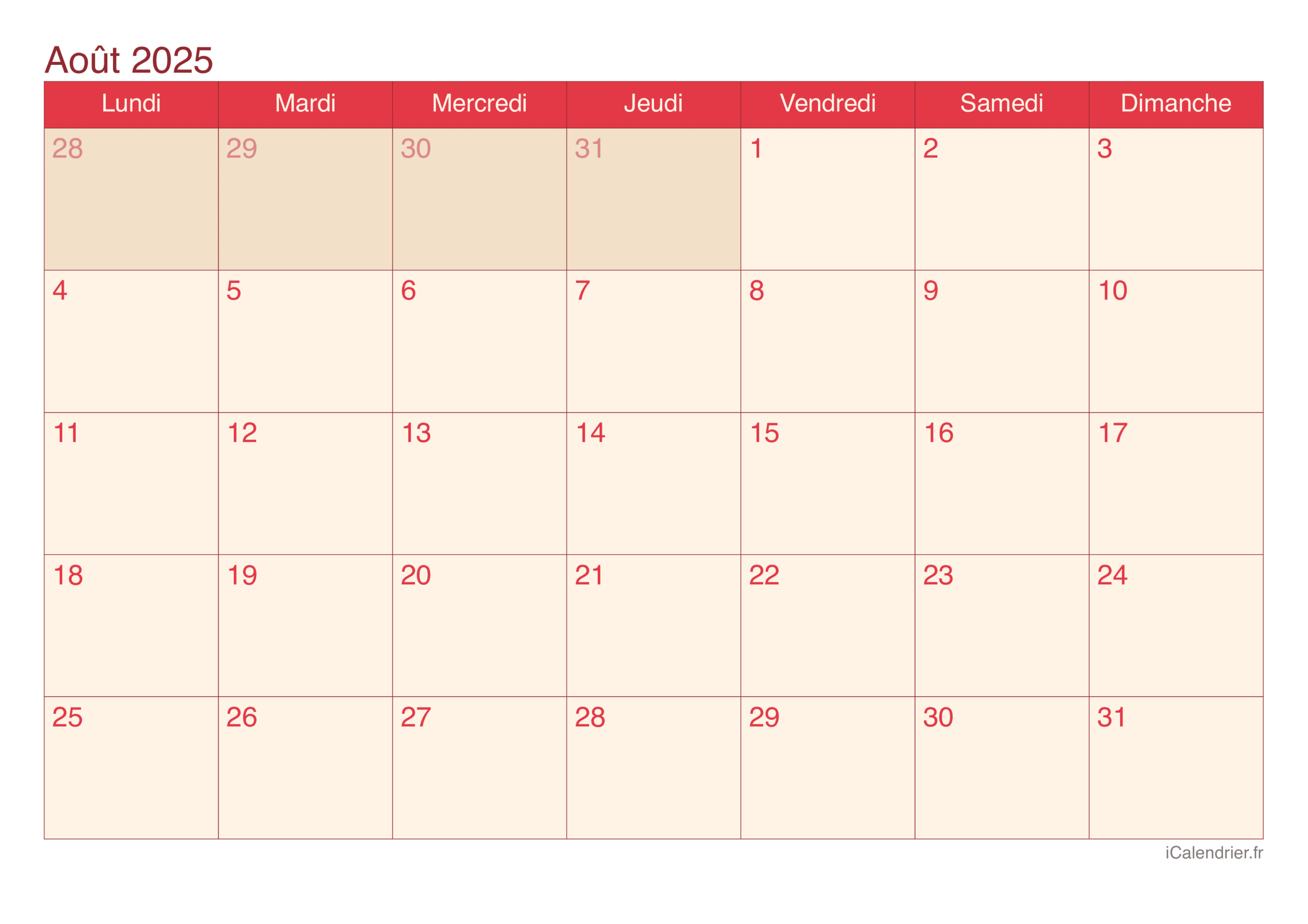 calendrier août 2025 à imprimer