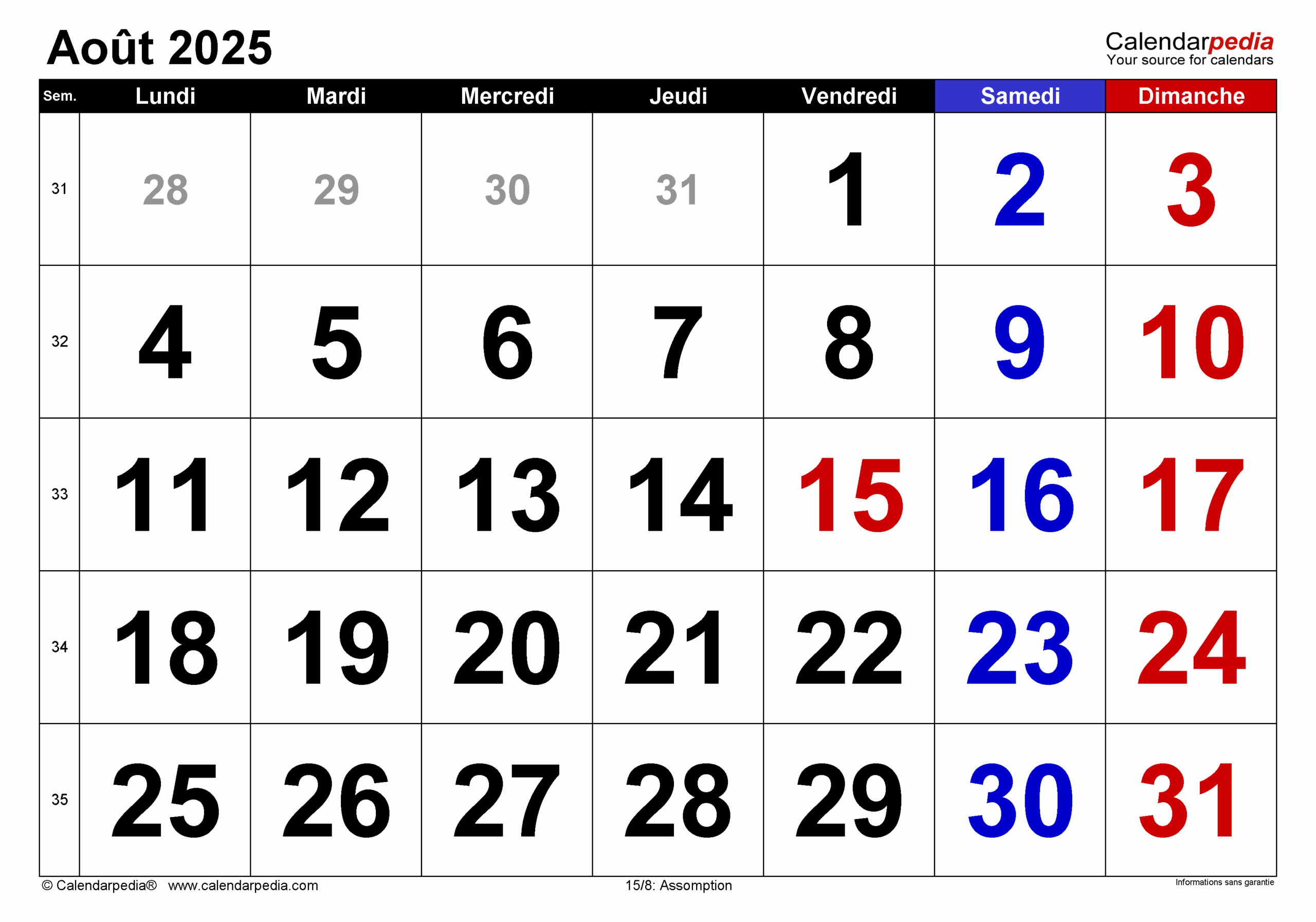 Calendrier Ao t 2025 PDF Excel Et Word Calendarpedia
