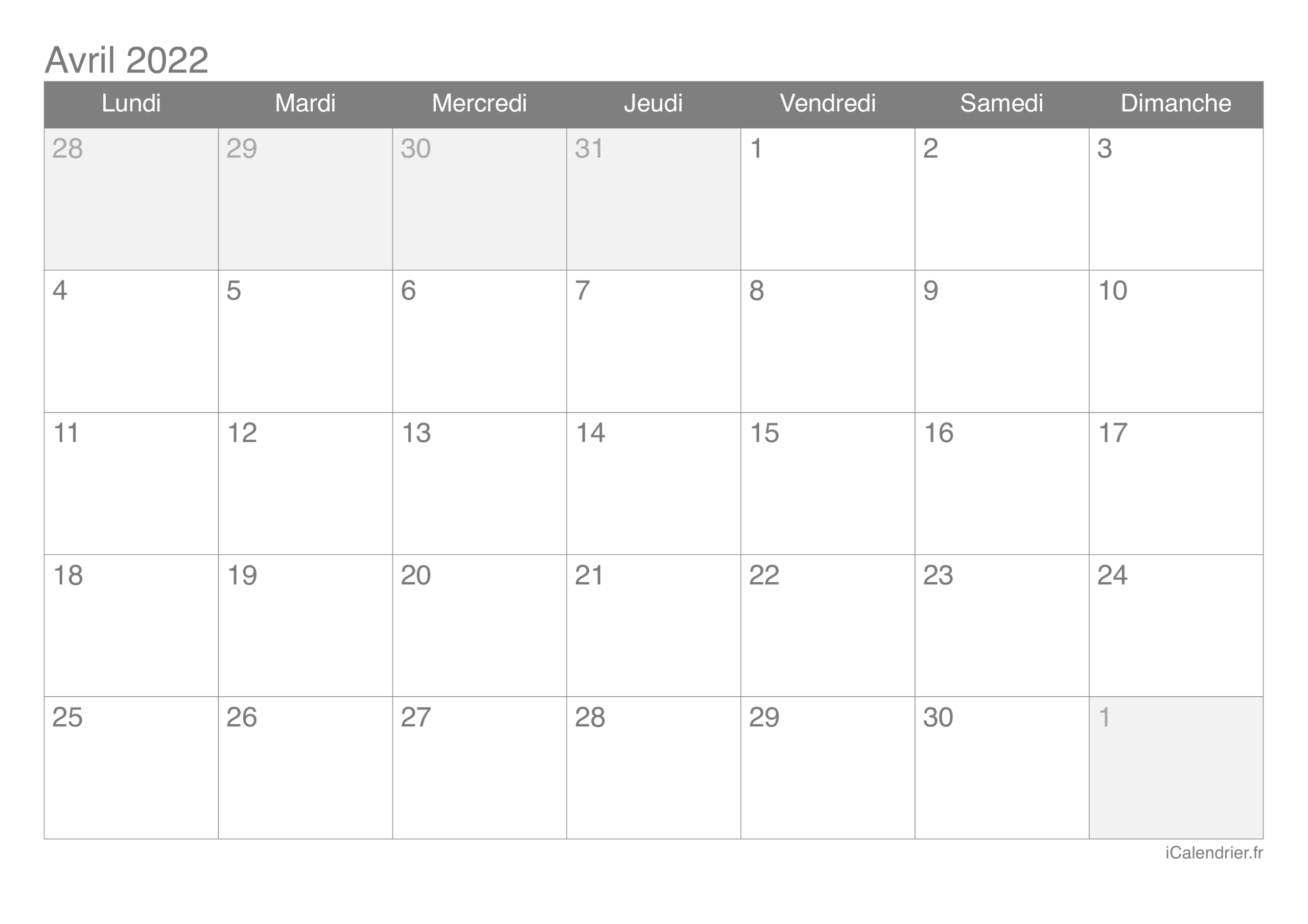 Calendrier Avril 2022 Imprimer