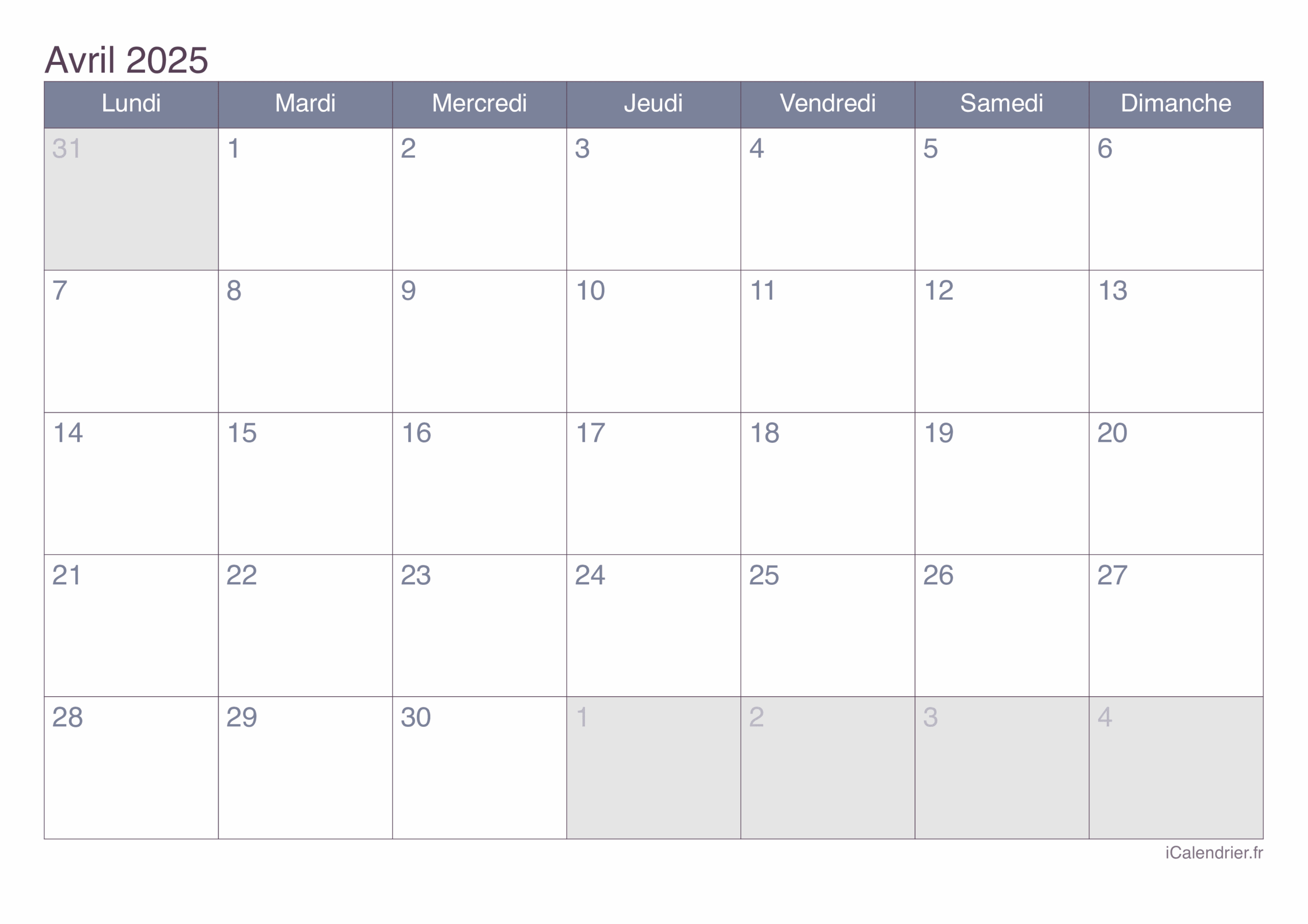 Calendrier Avril 2025 Imprimer