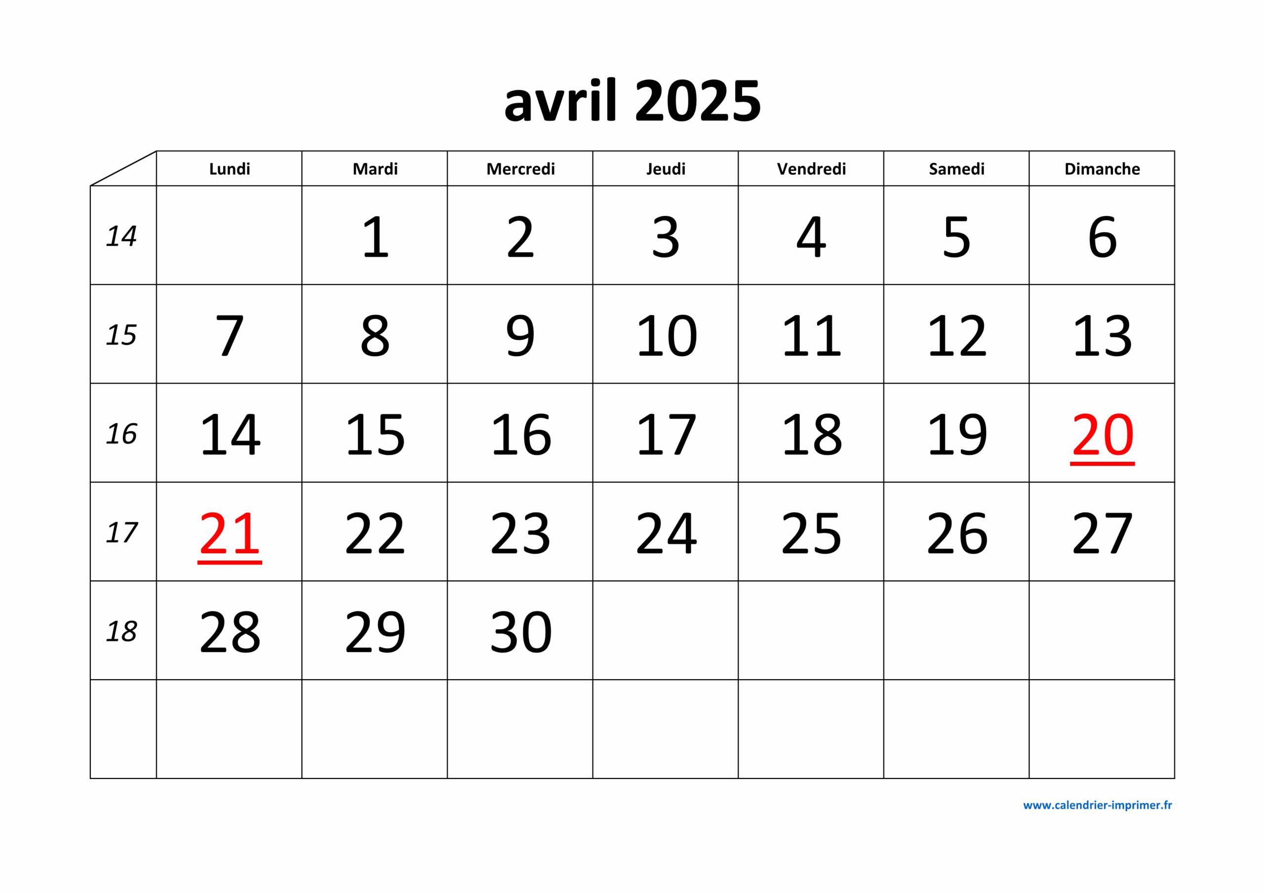 Calendrier Avril 2025 Imprimer