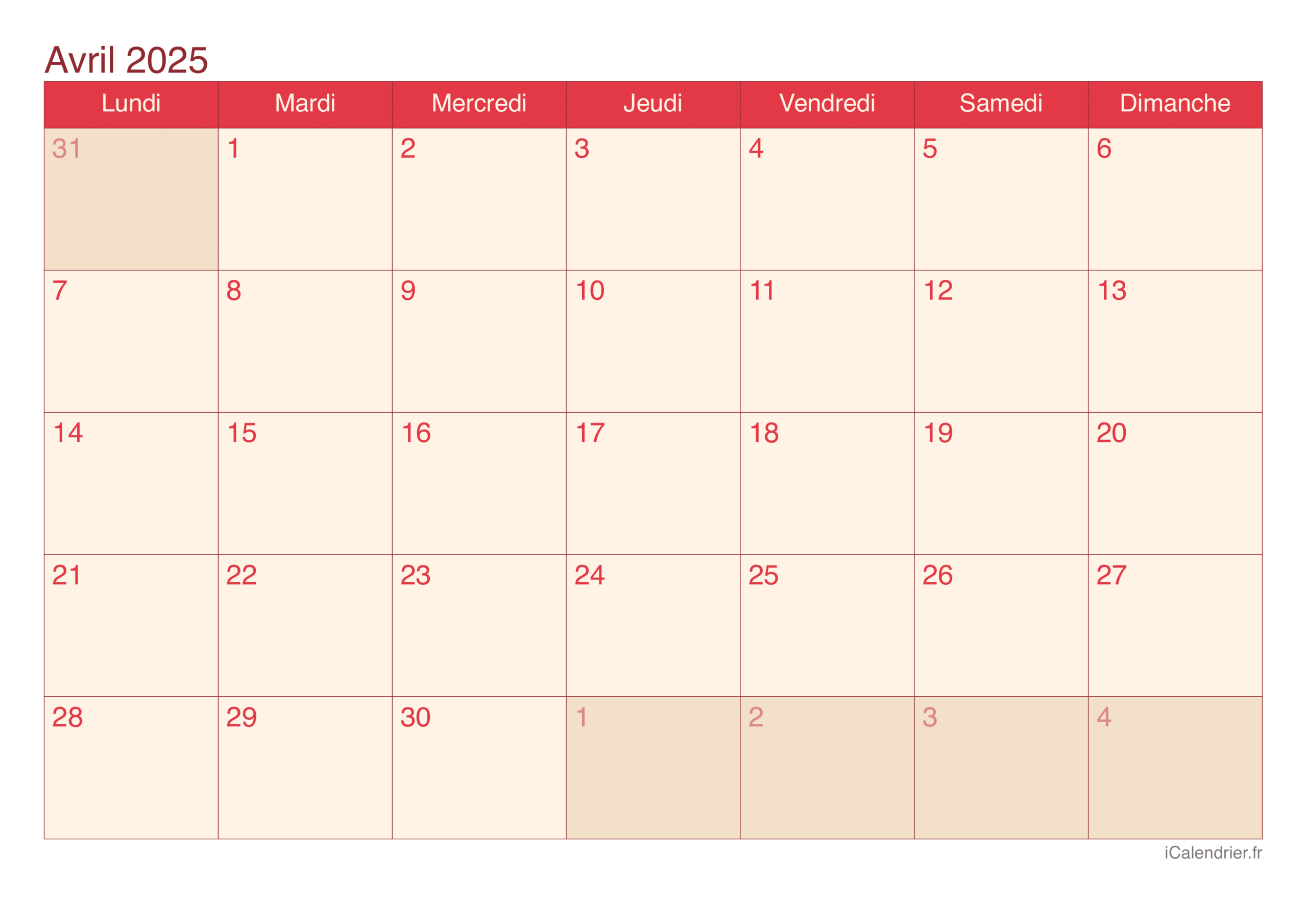 calendrier à imprimer avril 2025