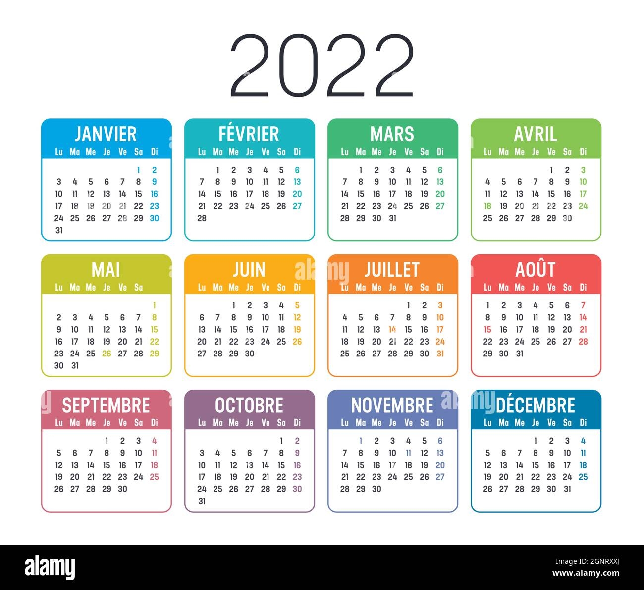Calendrier Color De L ann e 2022 En Fran ais Isol Sur Fond Blanc Mod le Vectoriel Image Vectorielle Stock Alamy