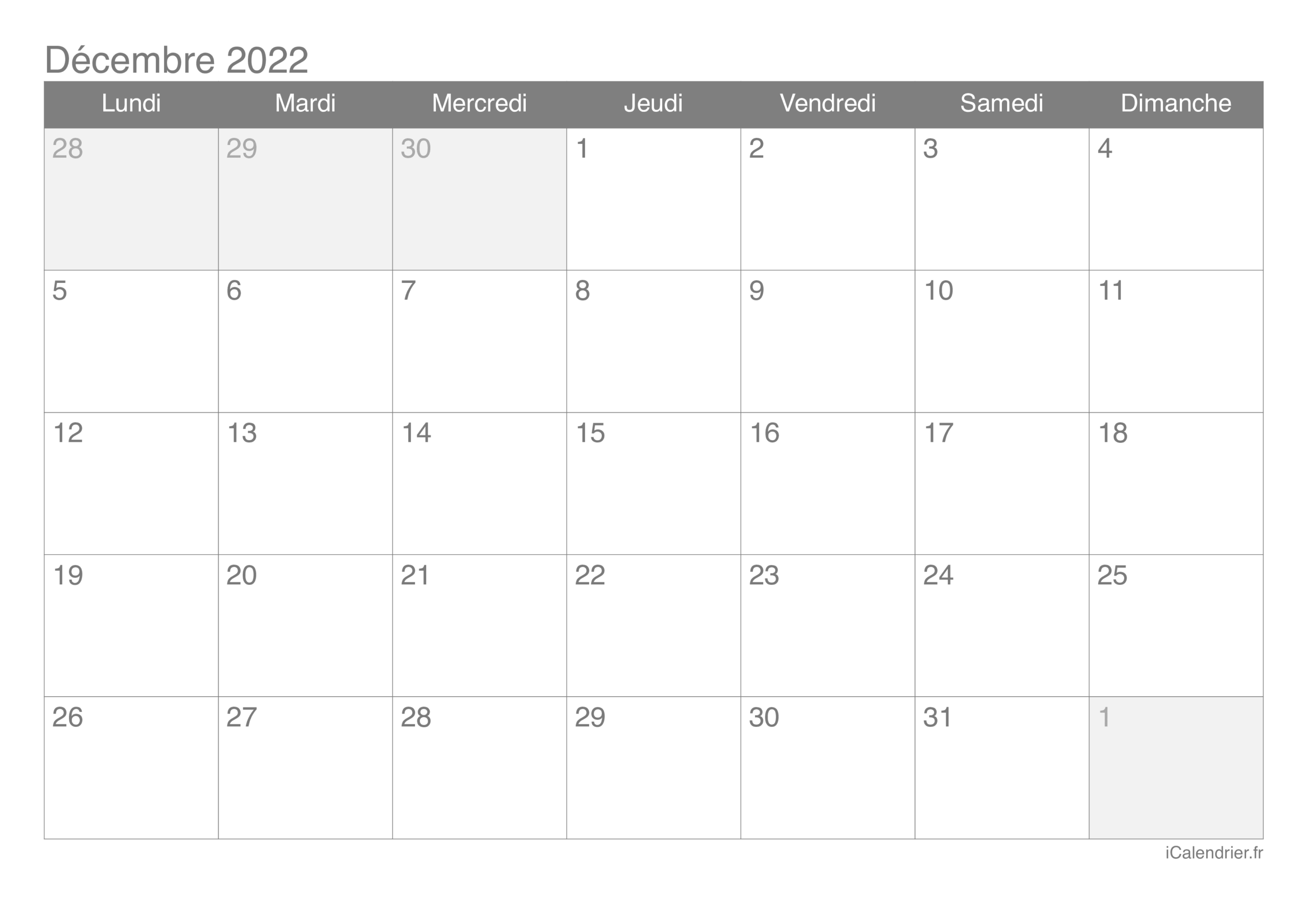 Calendrier D cembre 2022 Imprimer