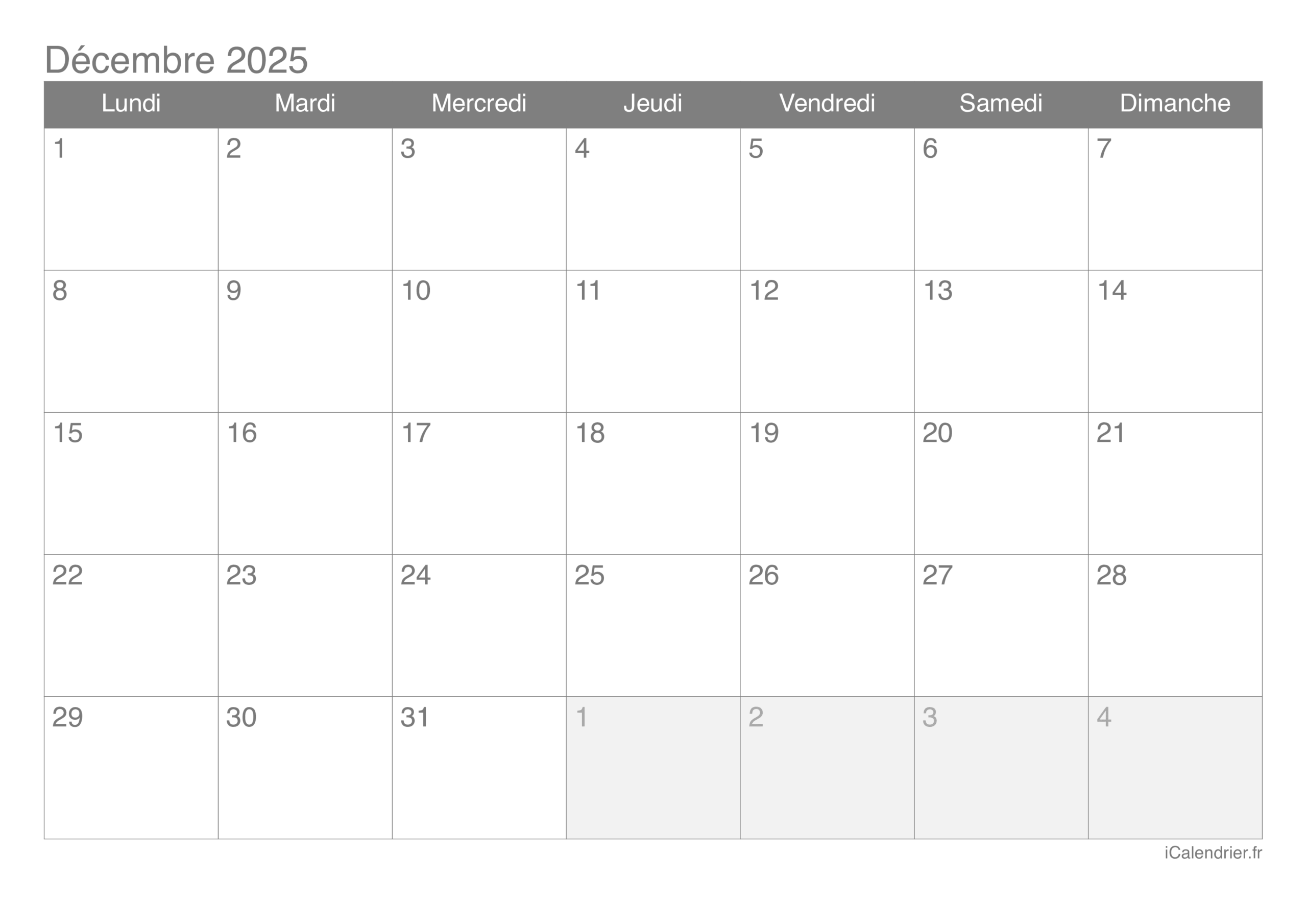 Calendrier D cembre 2025 Imprimer