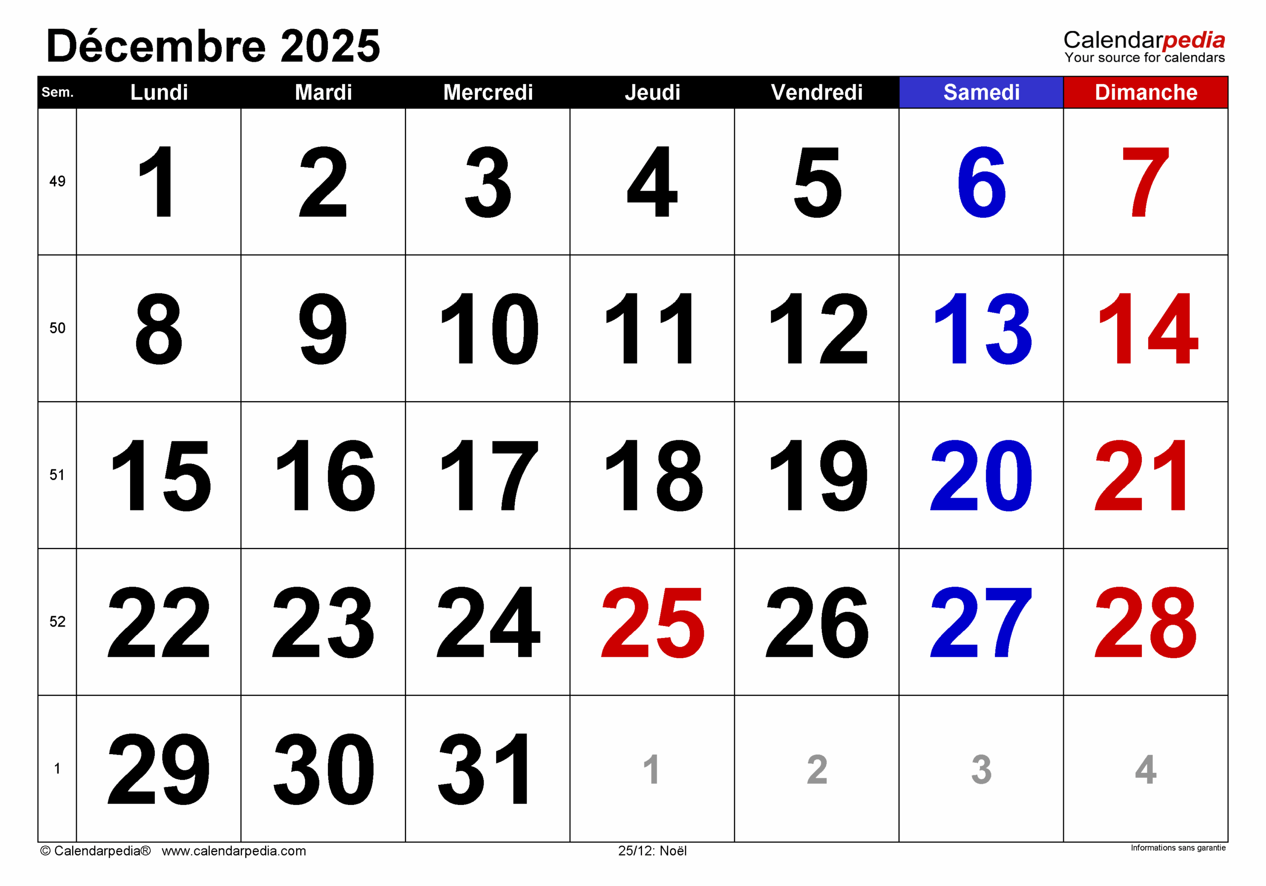 calendrier décembre 2025 à imprimer
