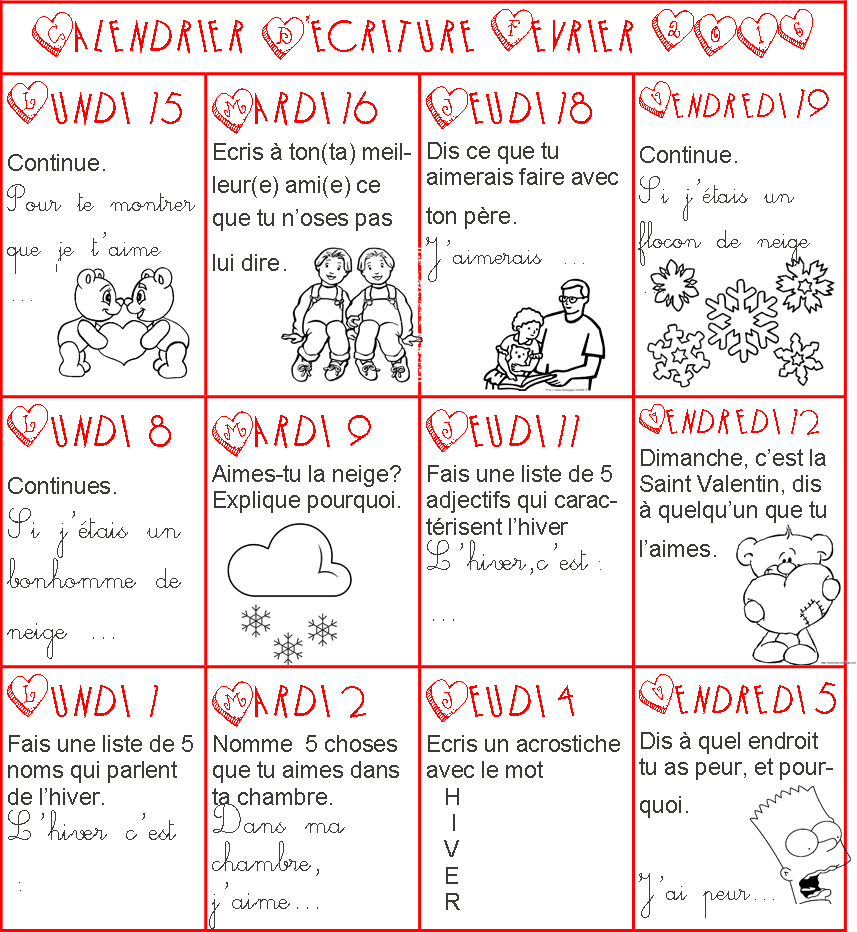 Calendrier D criture F vrier Des Outils Personnels Pour Faciliter La P dagogie En Classe