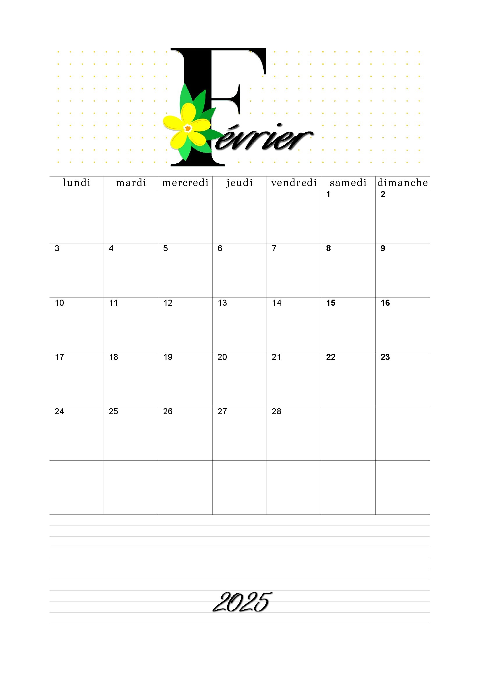 calendrier fevrier 2025 à imprimer gratuit