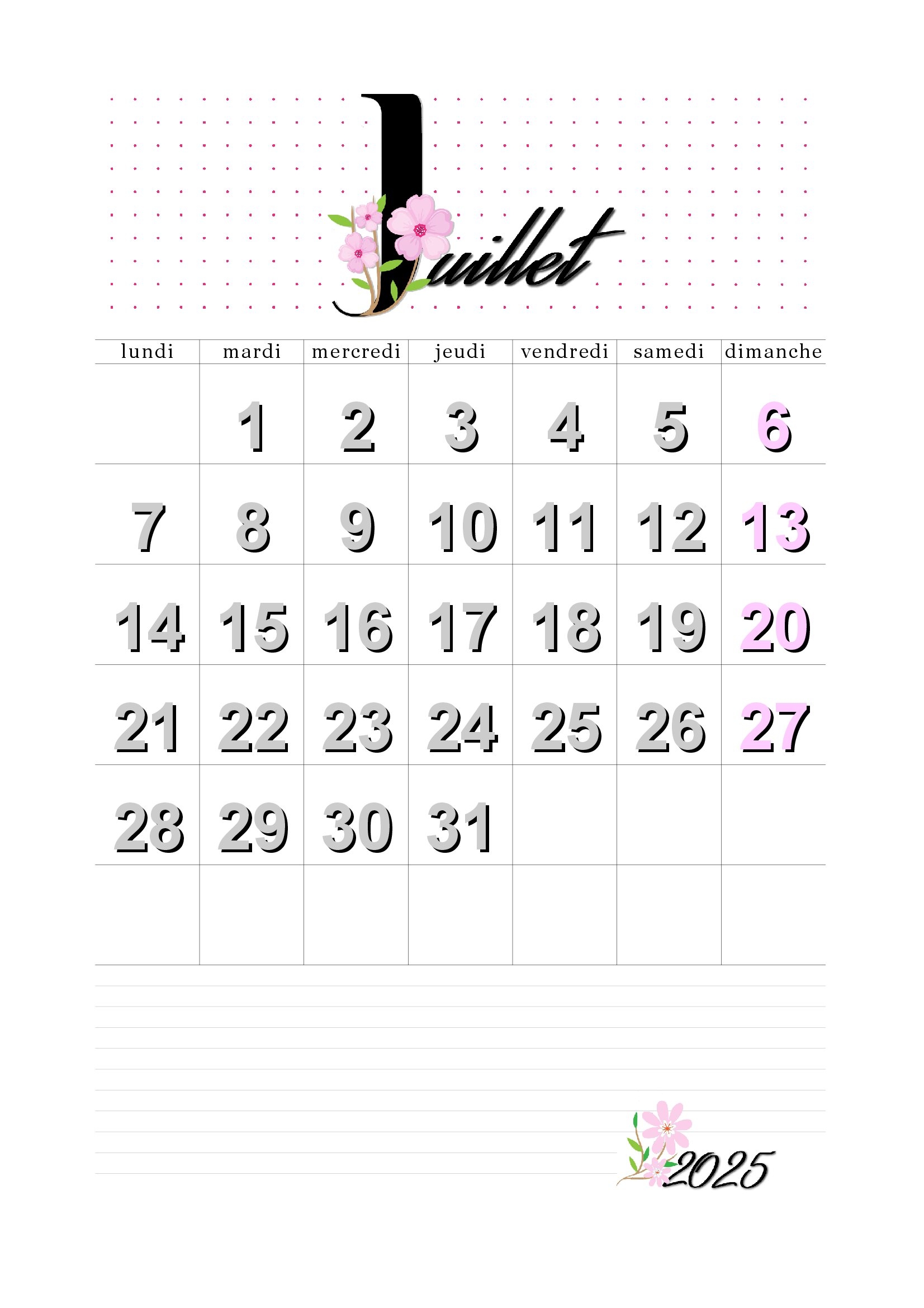 calendrier juillet 2025 à imprimer