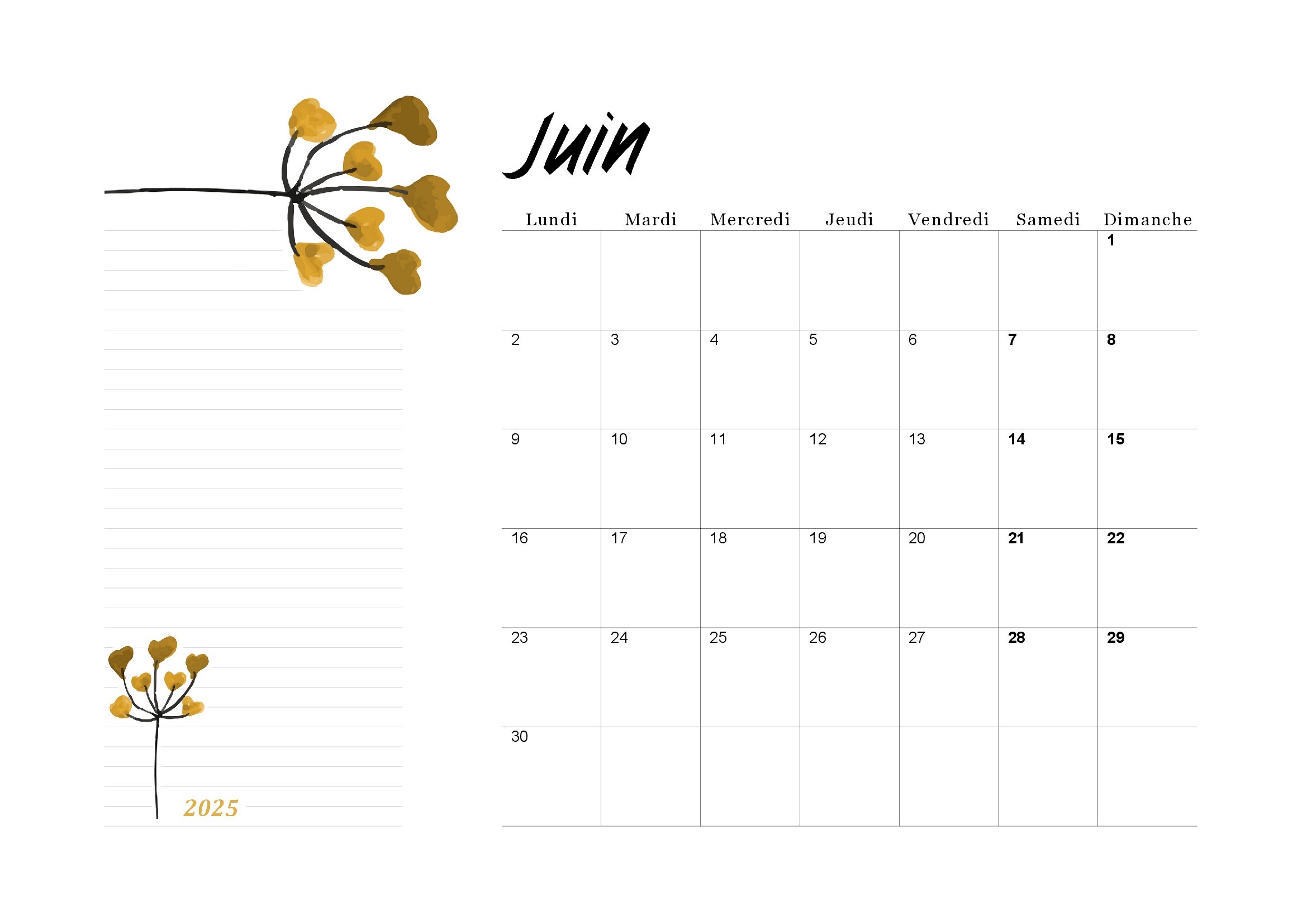 calendrier juin a imprimer