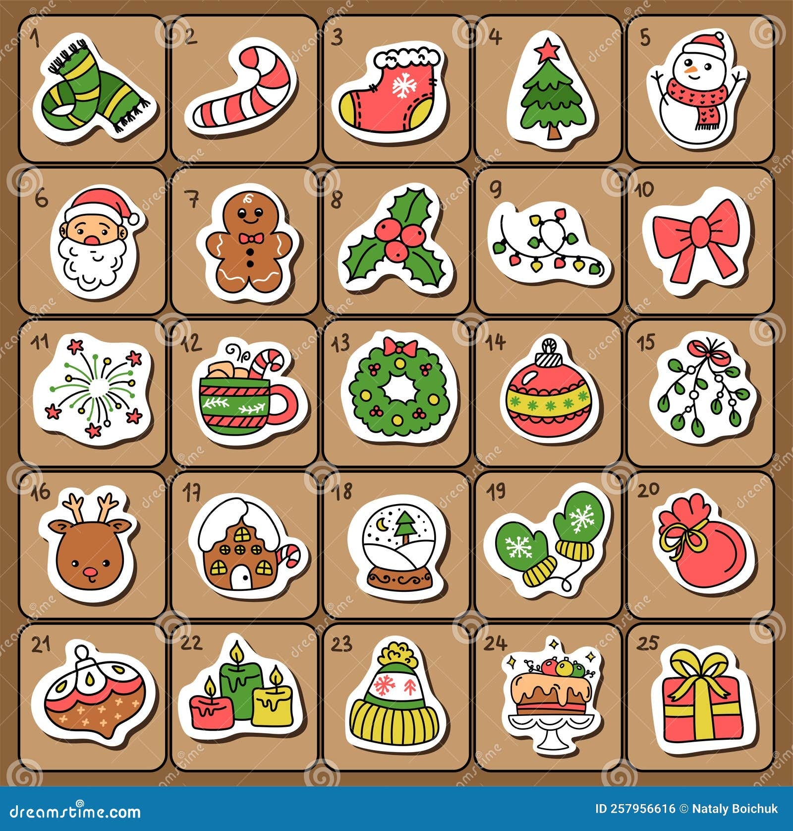 Calendrier De L avent De No l Avec l ments Dessin s La Main Illustration De Vecteur Illustration Du Cadeau Jour 257956616
