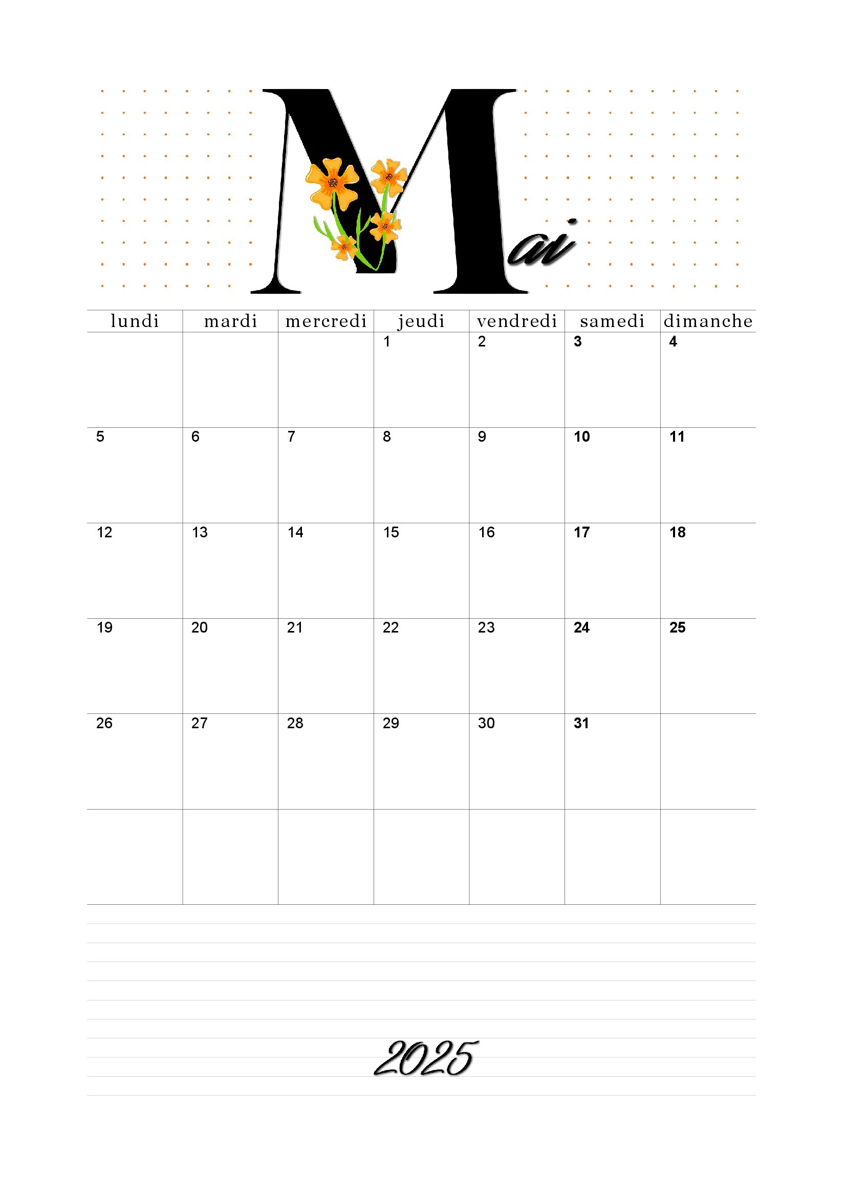 Calendrier De Mai 2025 Imprimer format Portrait Et Paysage 