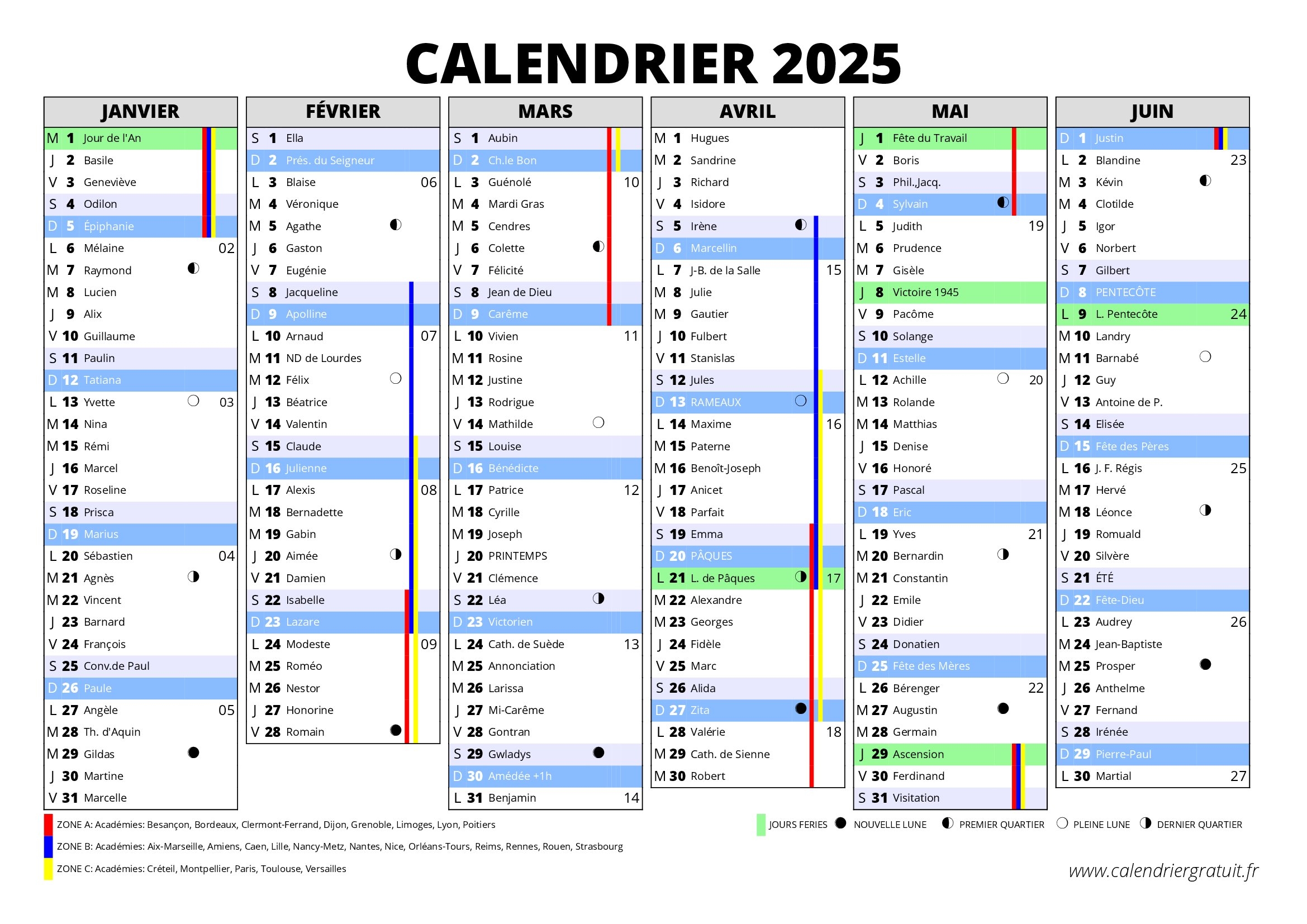 calendrier premier semestre 2025 à imprimer