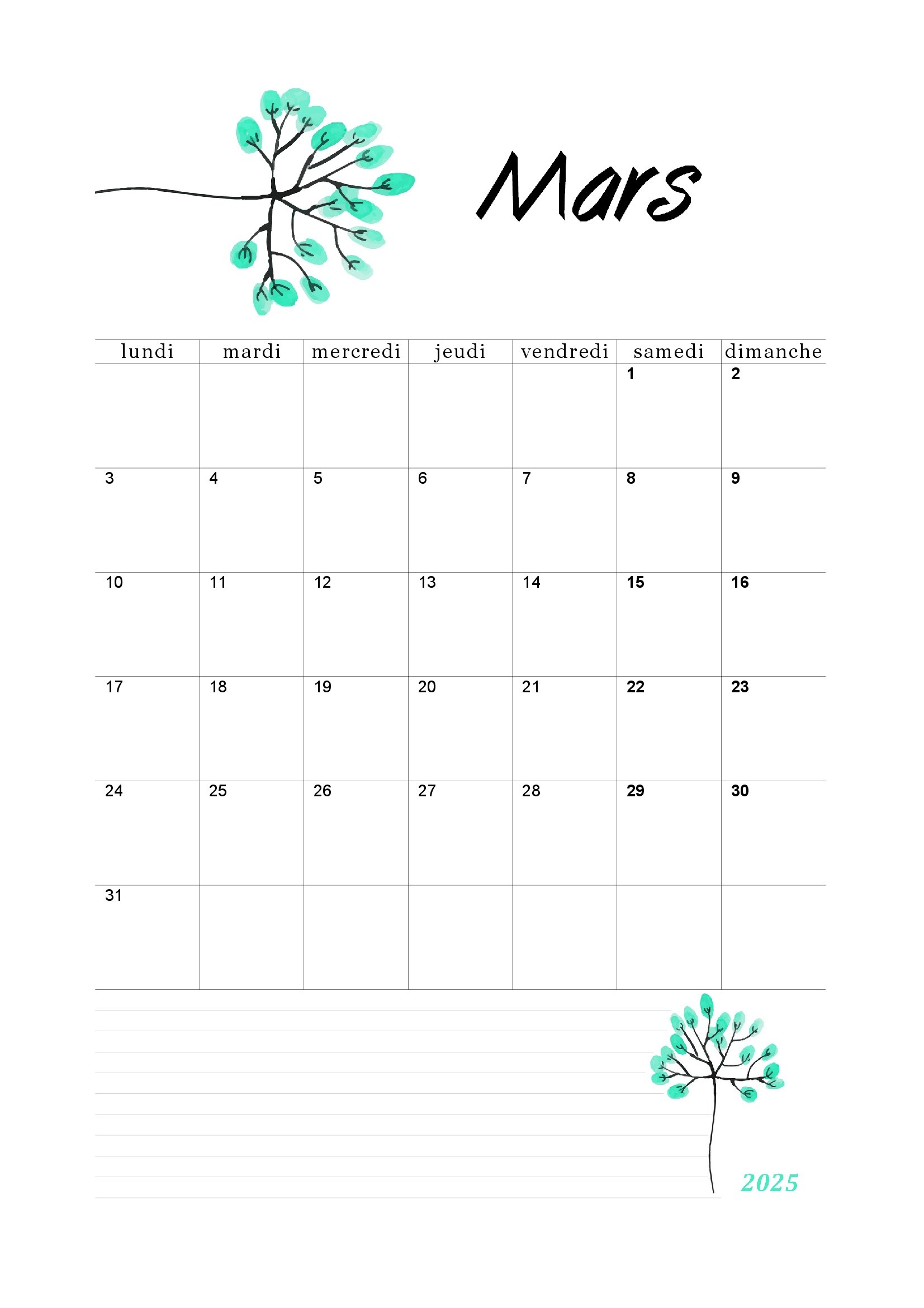 calendrier mars 2025 a imprimer